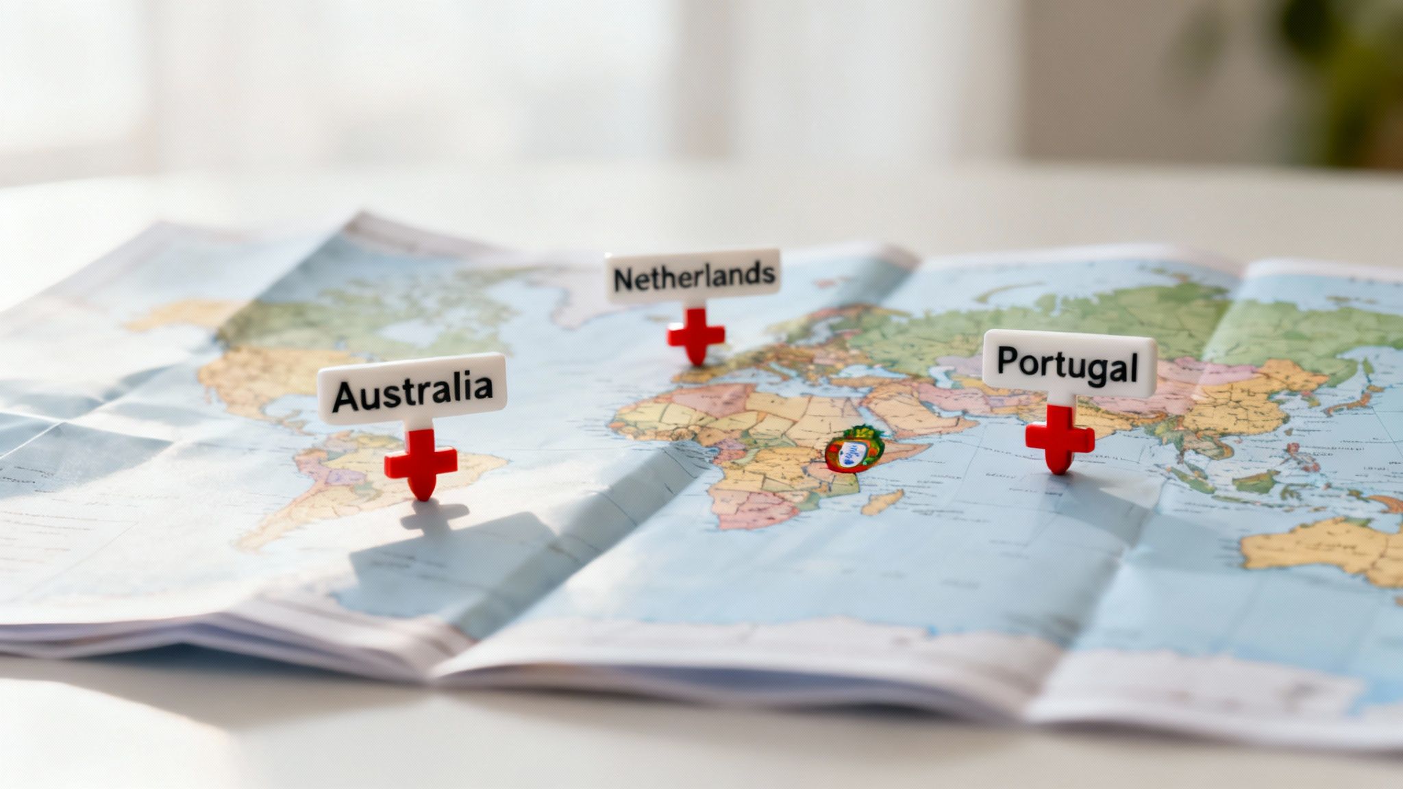 A world map with pins marking Australia, Netherlands, and Portugal, symbolizing international travel or relocation.