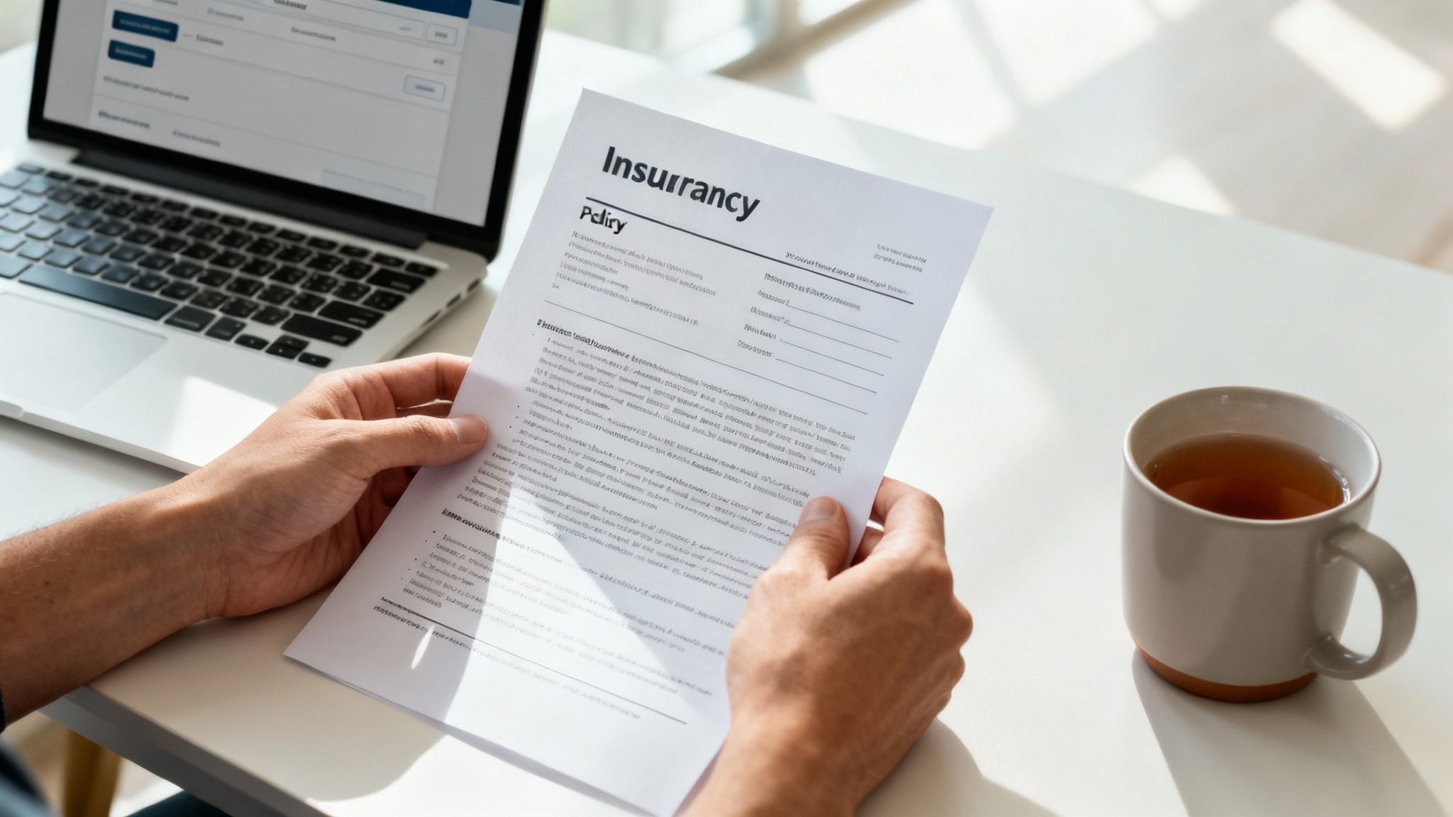 Person reviewing an insurance policy document, with a laptop and a cup of tea on a white desk.