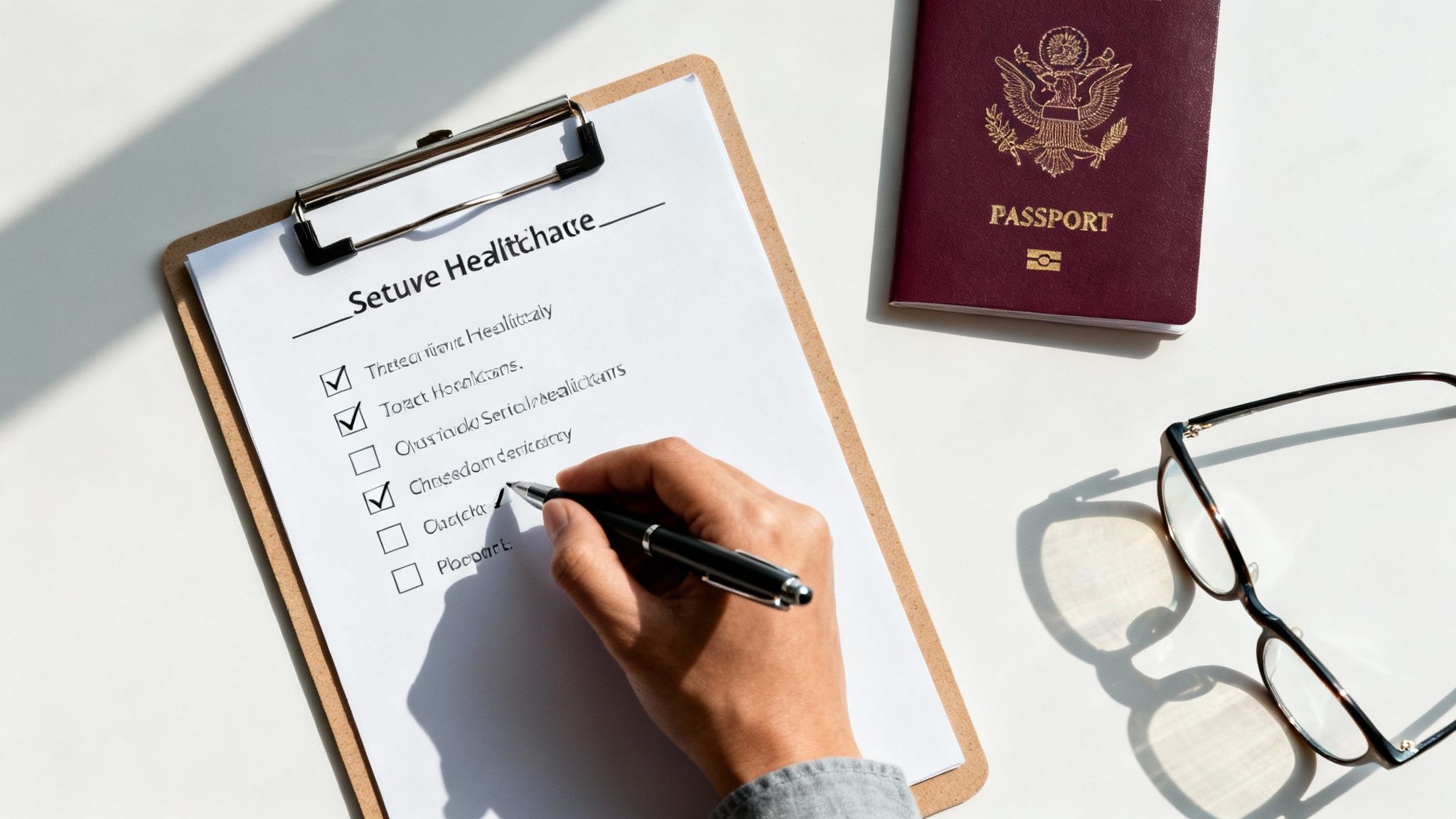 A person writes on a healthcare checklist with a US passport and eyeglasses nearby.