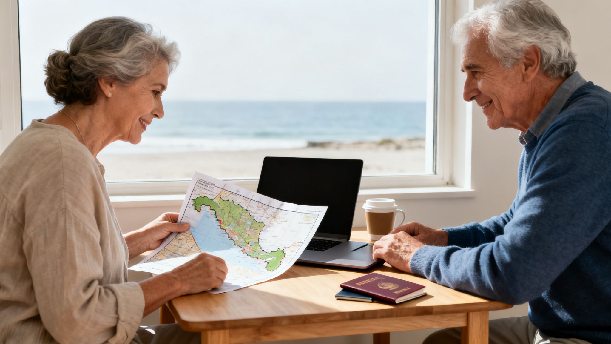 Happy senior couple planning travel with a map, laptop, and passports by the ocean.