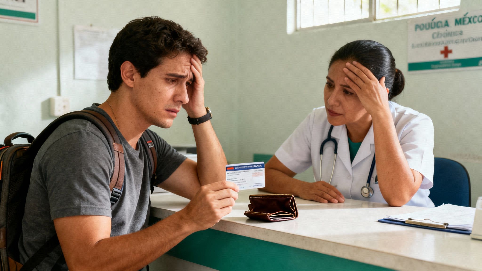 A distressed man holds an ID and an empty wallet while a concerned doctor listens, possibly discussing medical costs.
