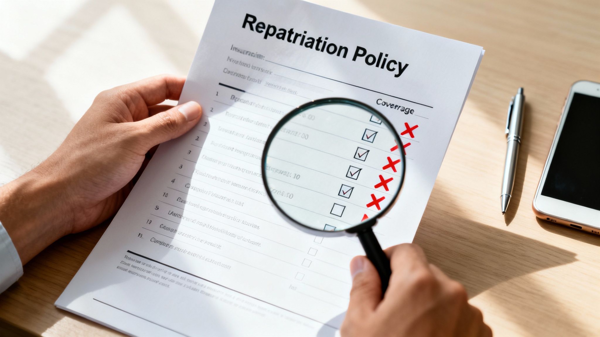 A person examines a 'Repatriation Policy' document with a magnifying glass, checking coverage items.