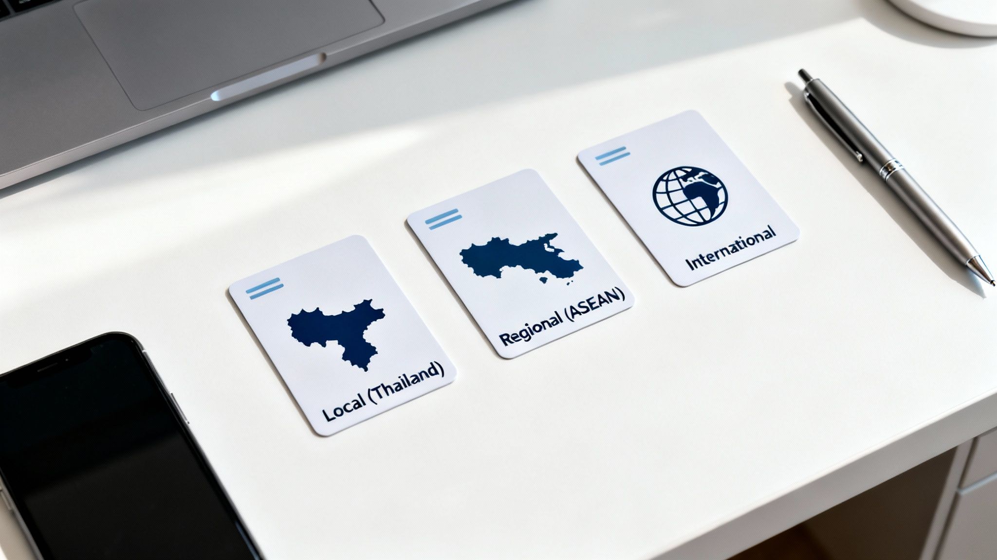 Three cards on a desk showing local, regional (ASEAN), and international coverage options.