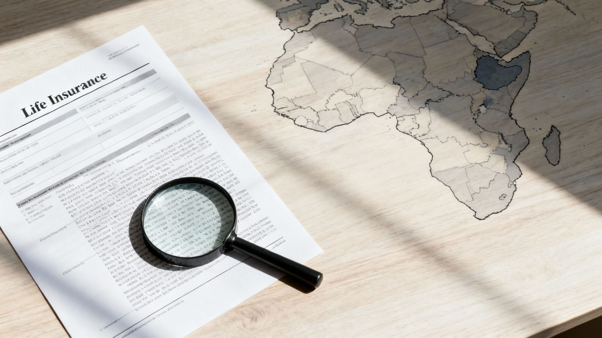 Life insurance document, magnifying glass, and Africa map on a wooden desk with sunlight.