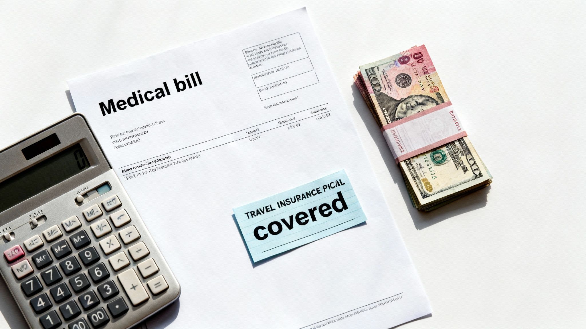 A medical bill, calculator, and cash on a white desk, with a sticky note indicating travel insurance coverage.