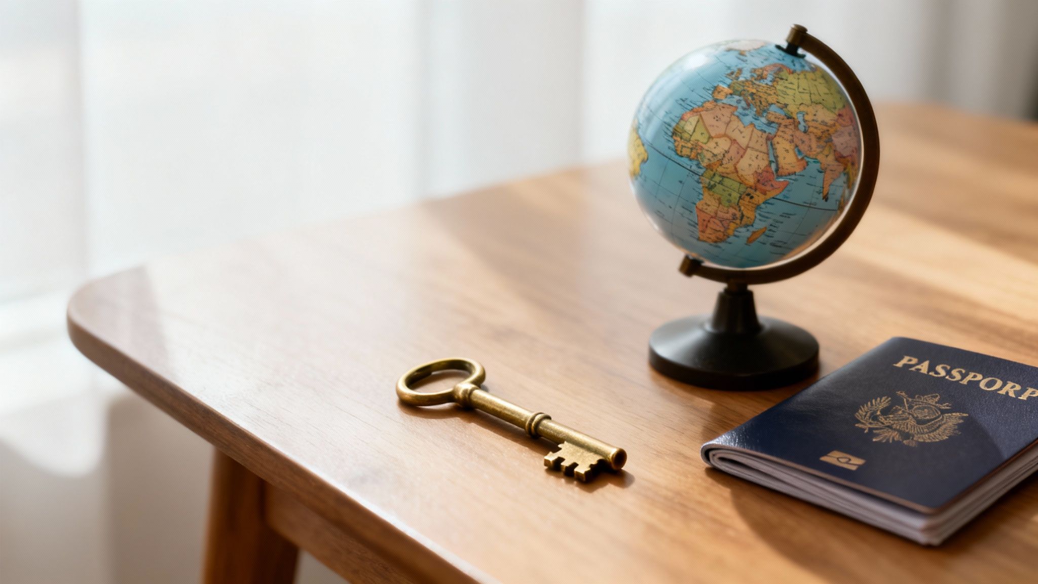 A small globe, a vintage key, and a passport on a light wooden table.