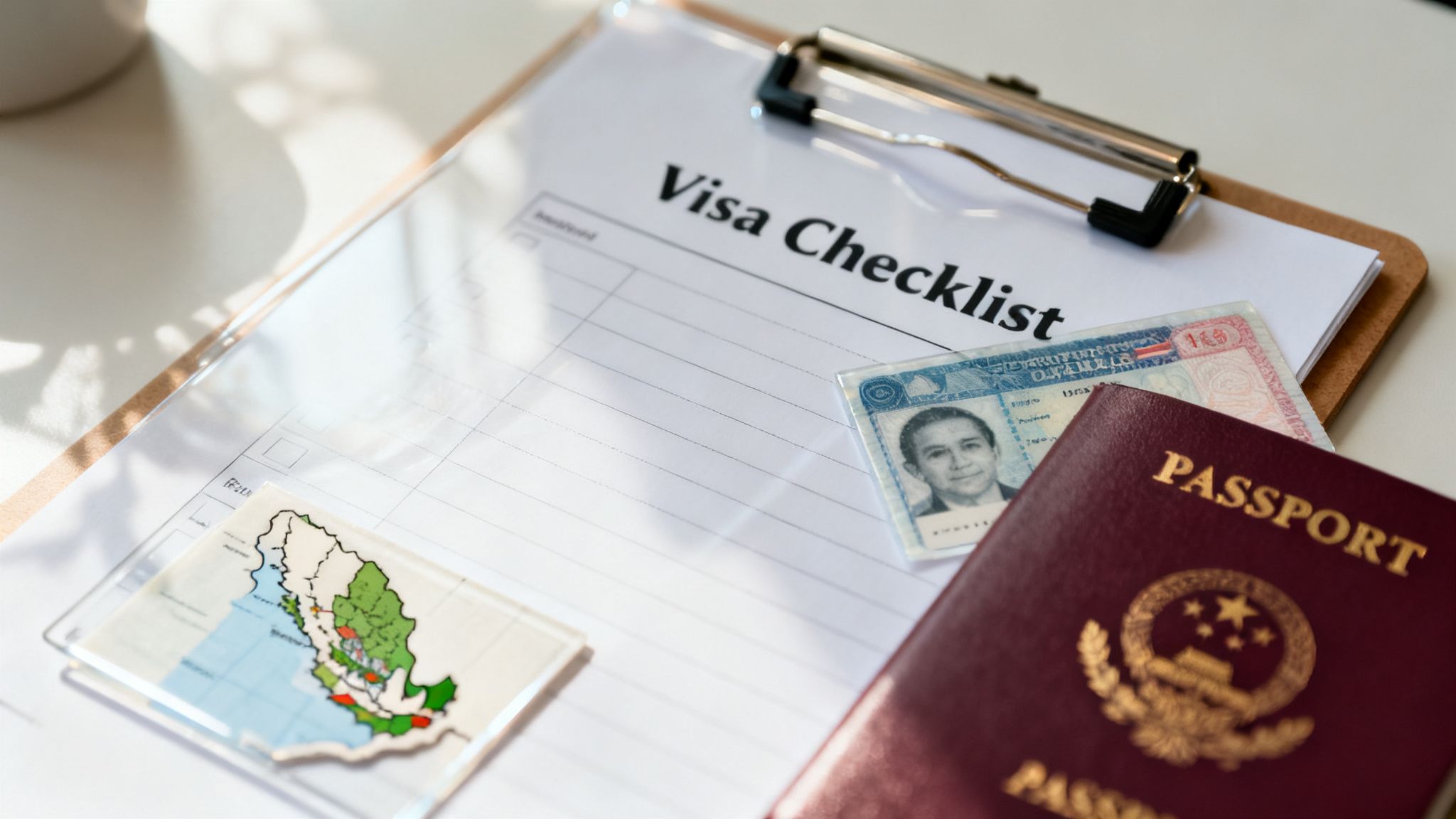 A visa checklist, a red passport, an identification card, and a Mexican map for immigration.
