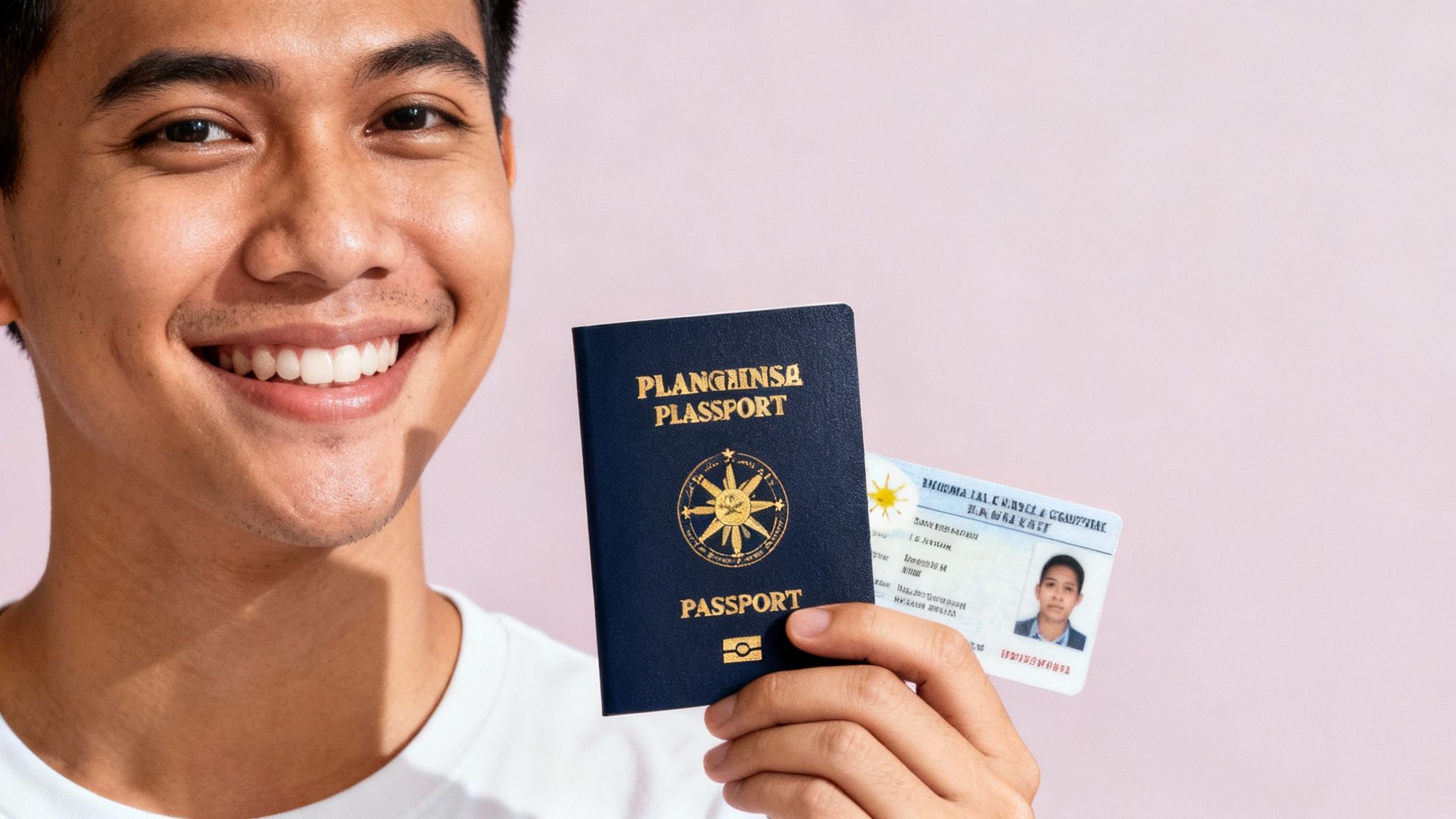 A smiling young person holds a blue passport and an ID card against a pink background.