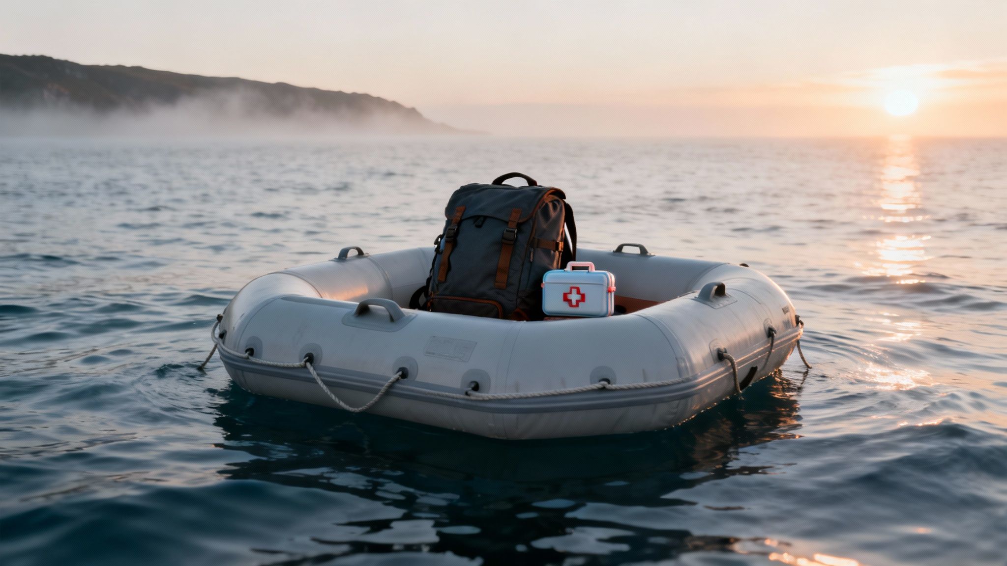 A gray inflatable boat carrying a backpack and a first aid kit drifts on calm water at sunset.