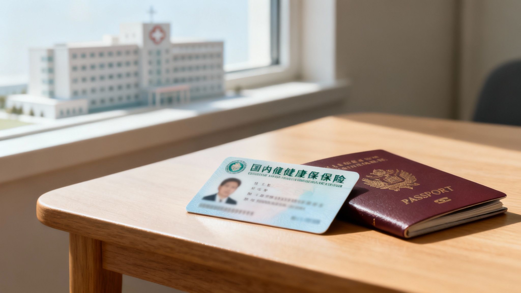 A health insurance card and a passport lie on a wooden table, with a blurred hospital model in the background.