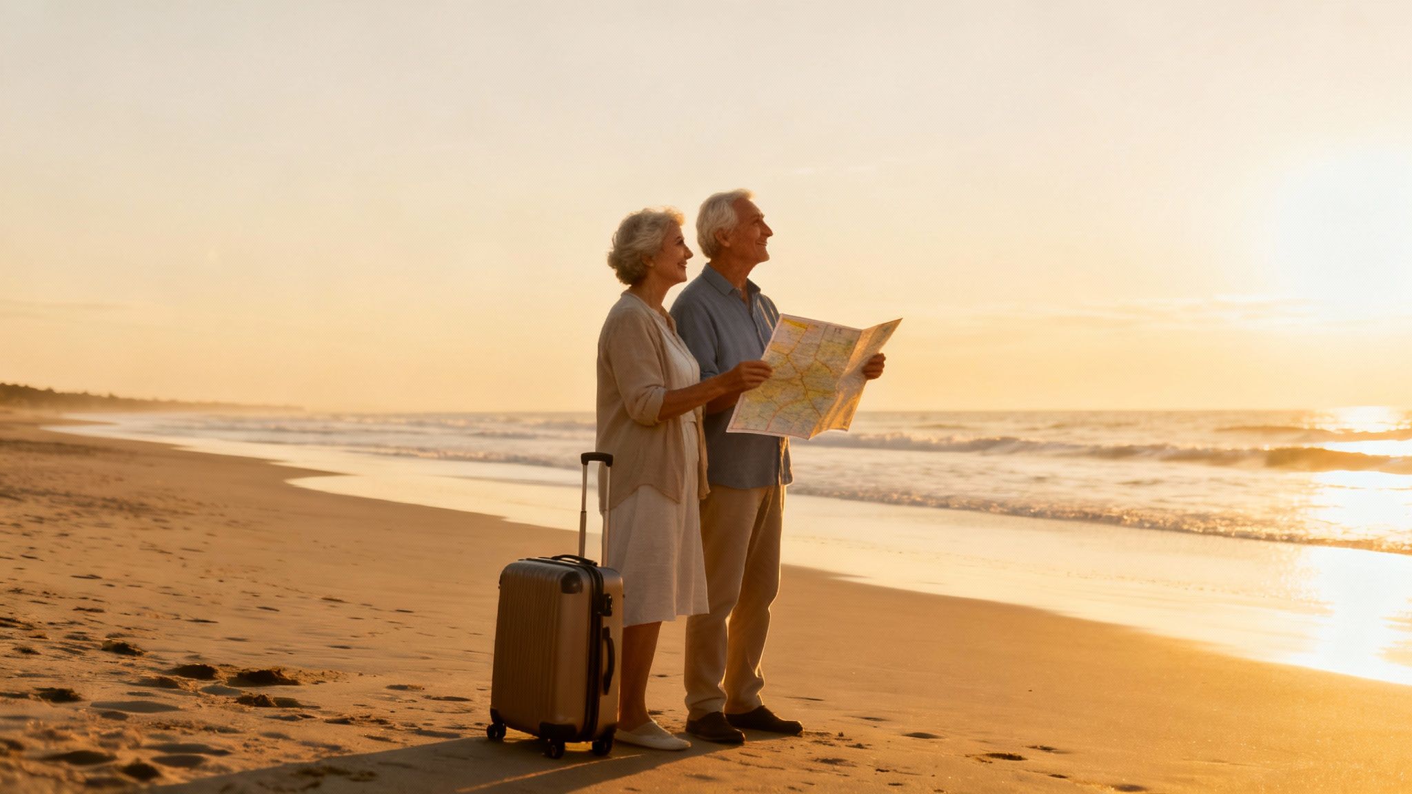 Happy senior couple with a map and suitcase enjoying a beautiful beach sunset.
