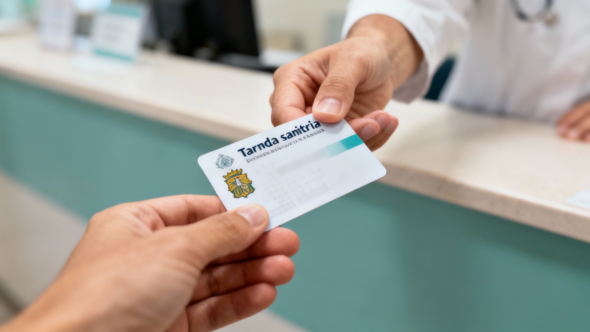 A doctor in a Spanish public health center kindly speaking with an elderly patient.