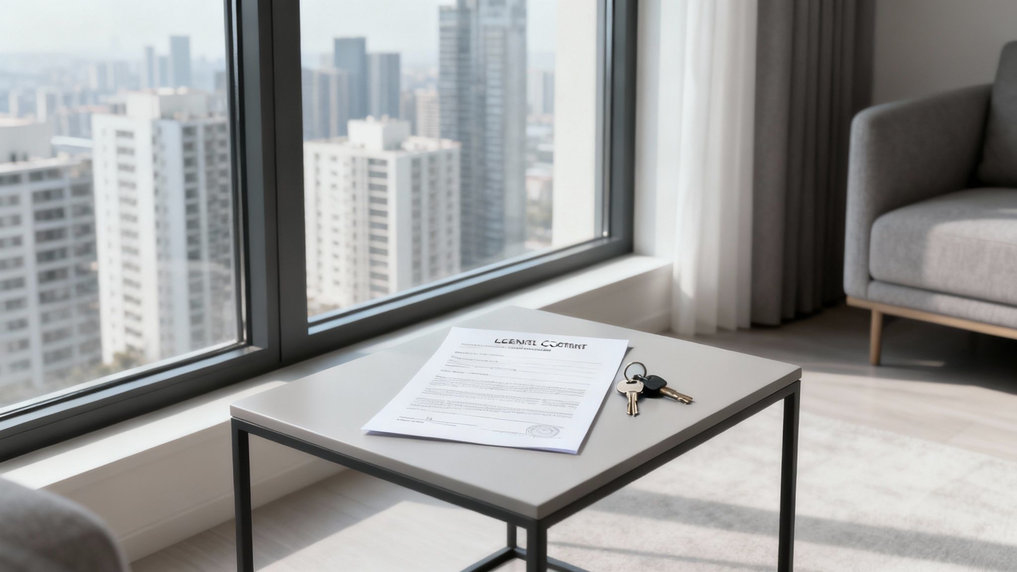 Rental lease contract with keys on modern apartment table overlooking urban skyline