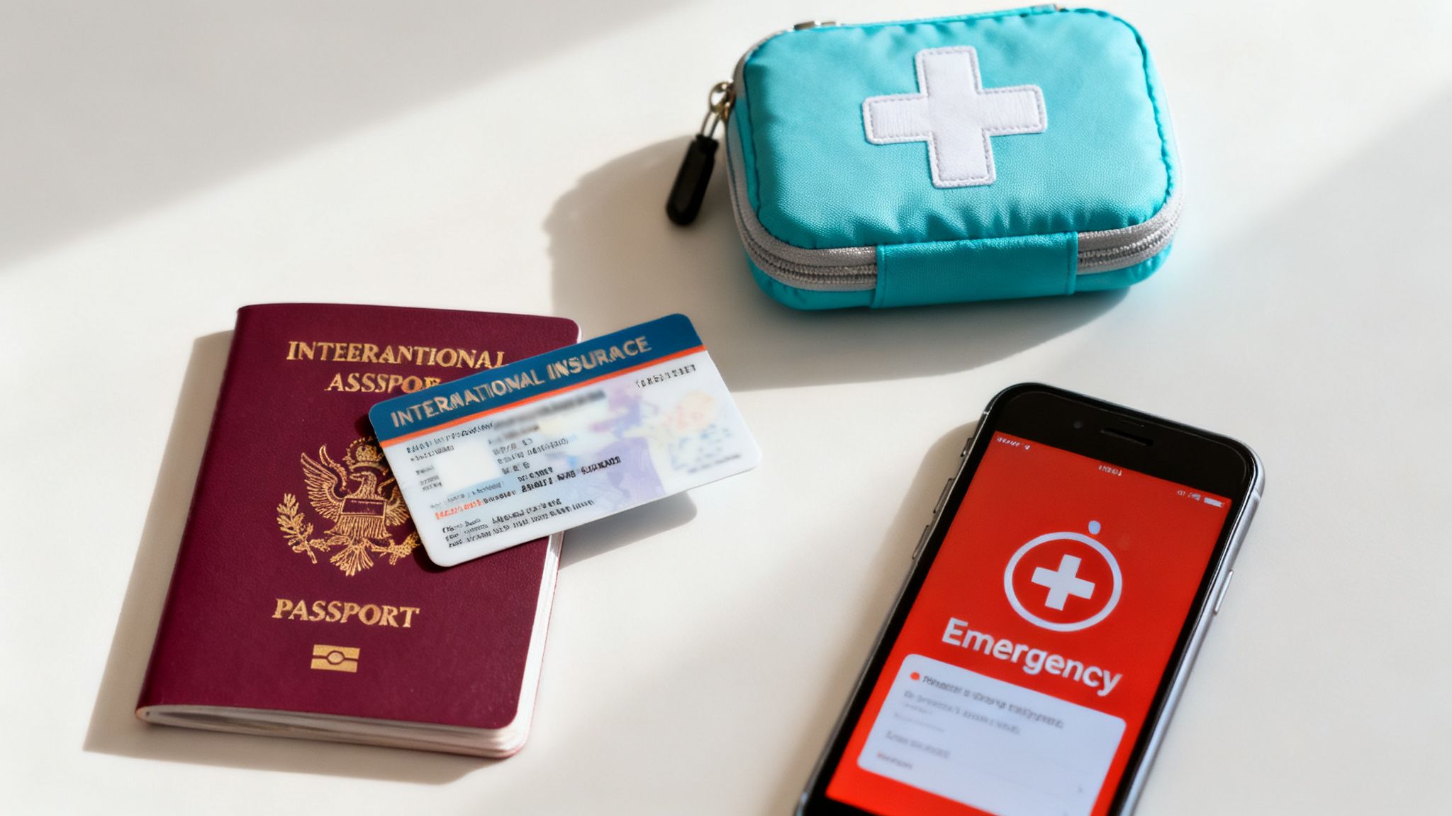 A passport, international insurance card, first aid kit, and emergency app on a phone, depicting travel preparedness.