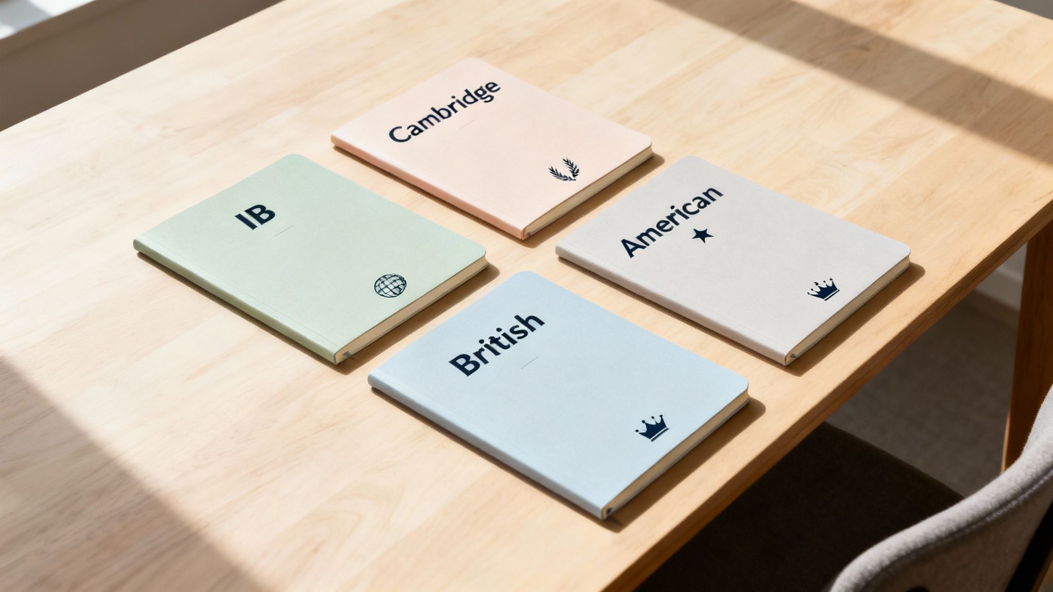 Four distinct notebooks on a wooden table, labeled IB, Cambridge, American, and British curriculums.