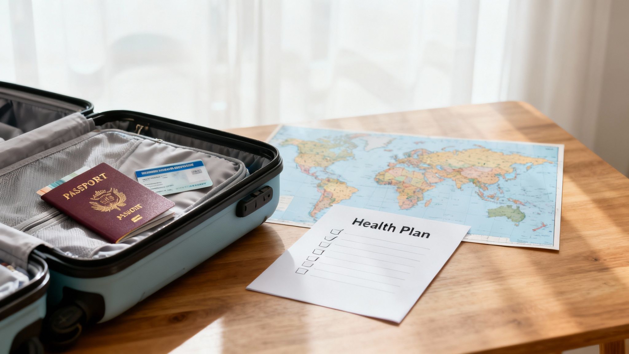 International travel essentials: passport, health card, world map, and a health plan checklist.