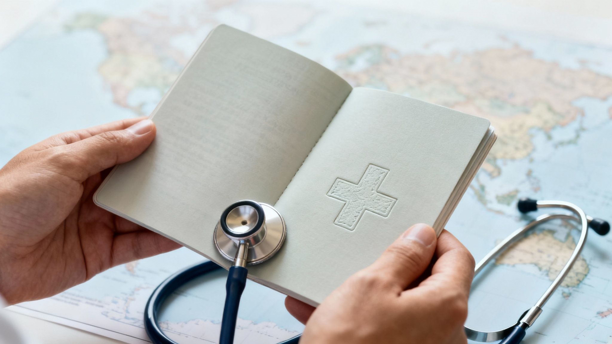 Hands hold an open medical passport with a cross symbol and a stethoscope over a world map.