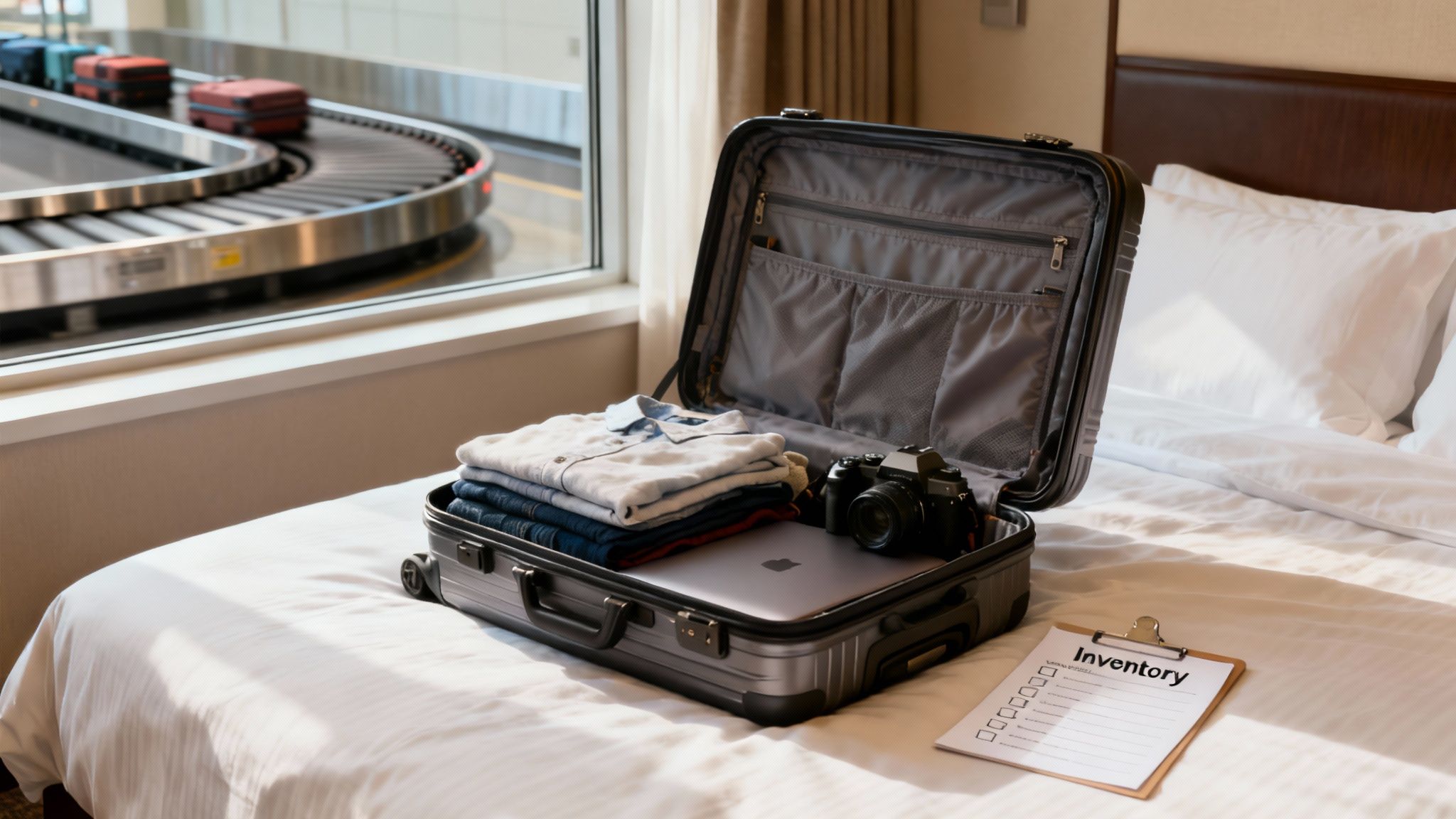 A packed suitcase on a bed with an inventory list, overlooking an airport baggage claim.