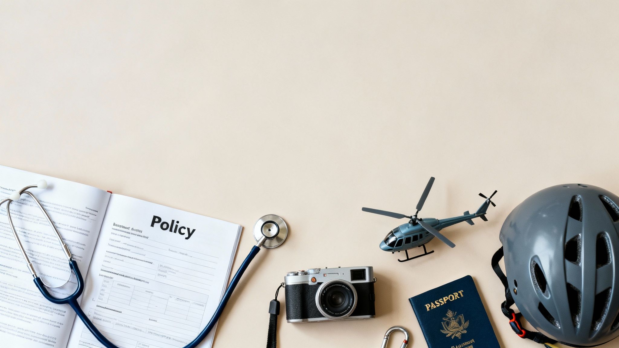 Travel and health insurance concept with policy document, stethoscope, passport, camera, helmet, and toy helicopter.