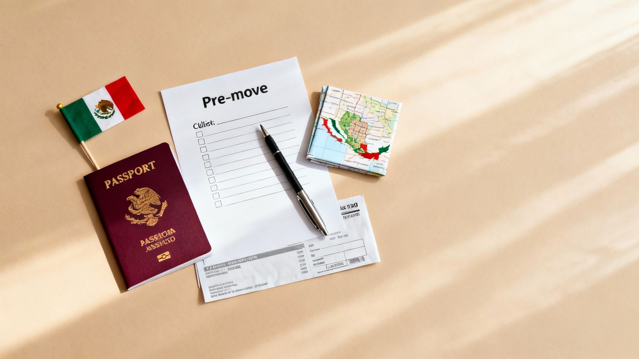 Mexican passport with flag, pre-move checklist, map, and travel documents for relocation planning