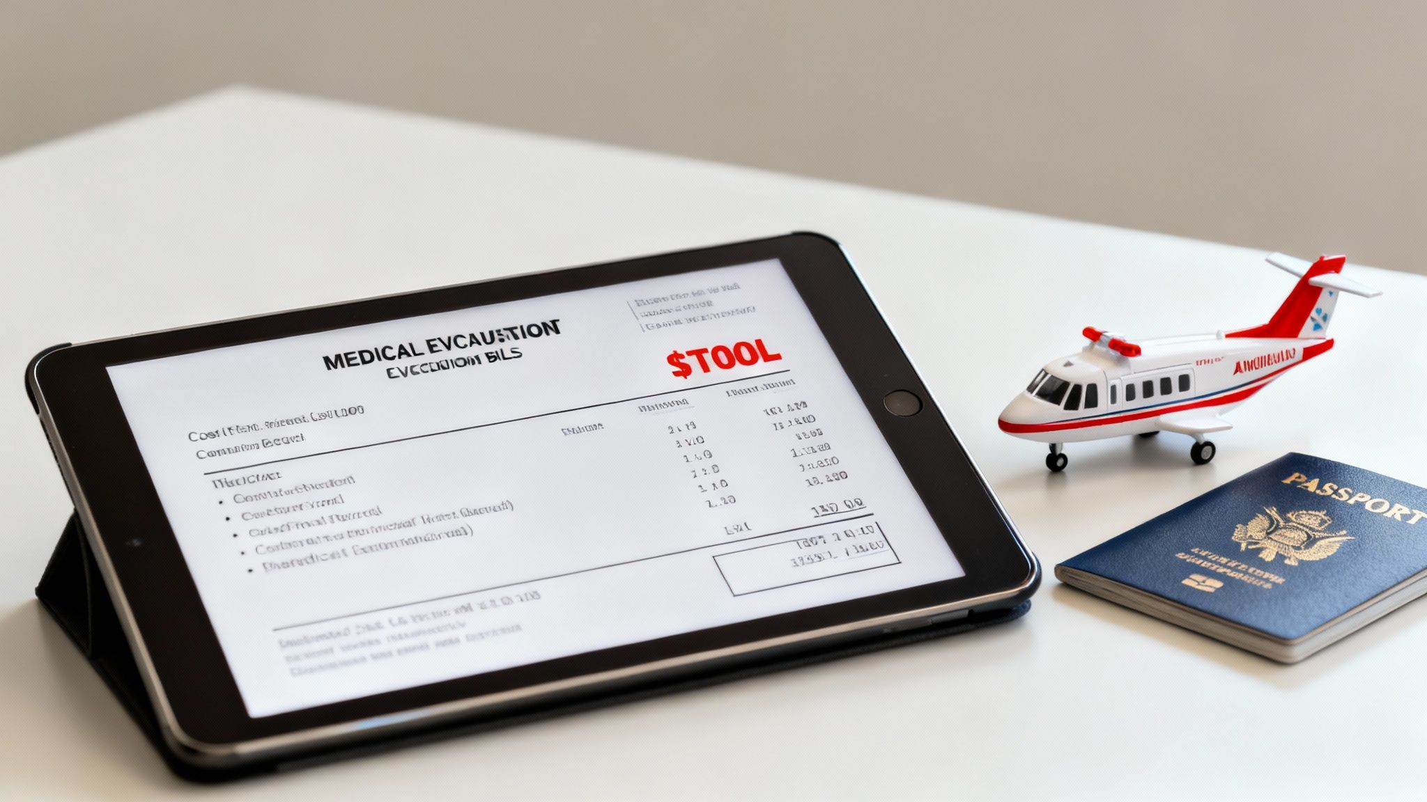 A tablet displays medical evacuation bills, alongside a toy medical plane and a US passport.