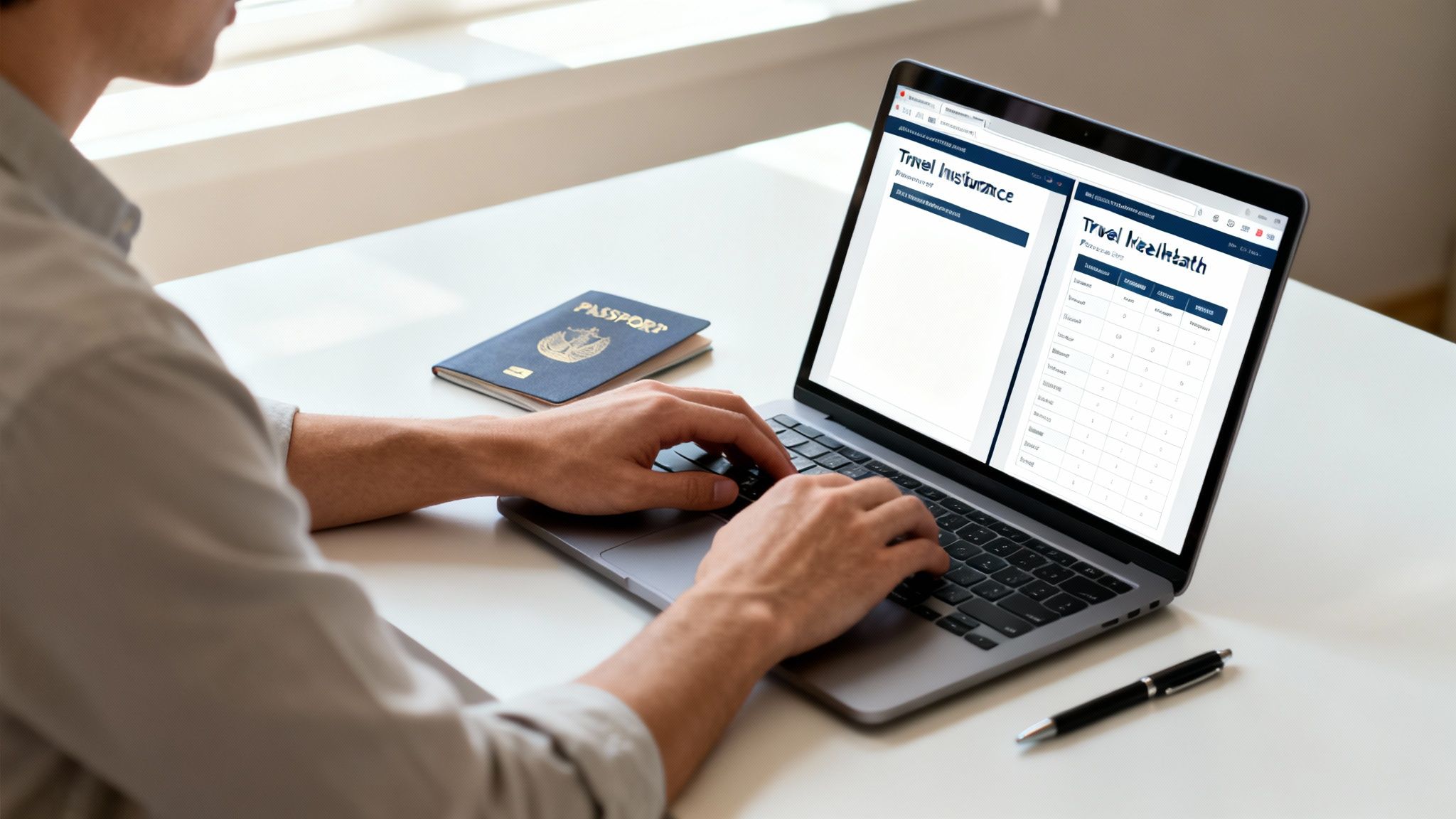 Person typing on a laptop, applying for travel health insurance online with a passport nearby.