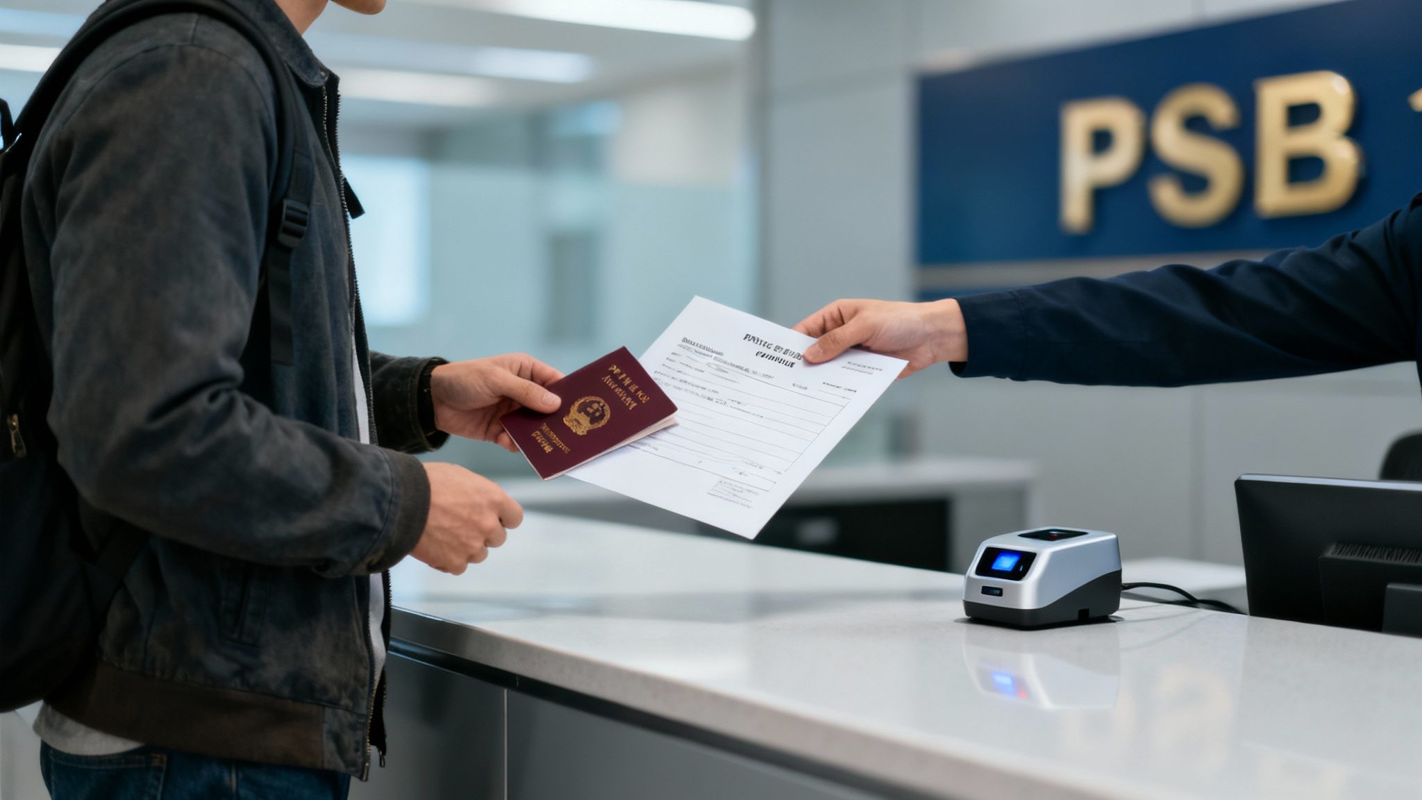 A person holds a Chinese passport while exchanging documents with an officer at a counter, likely for a visa or permit.