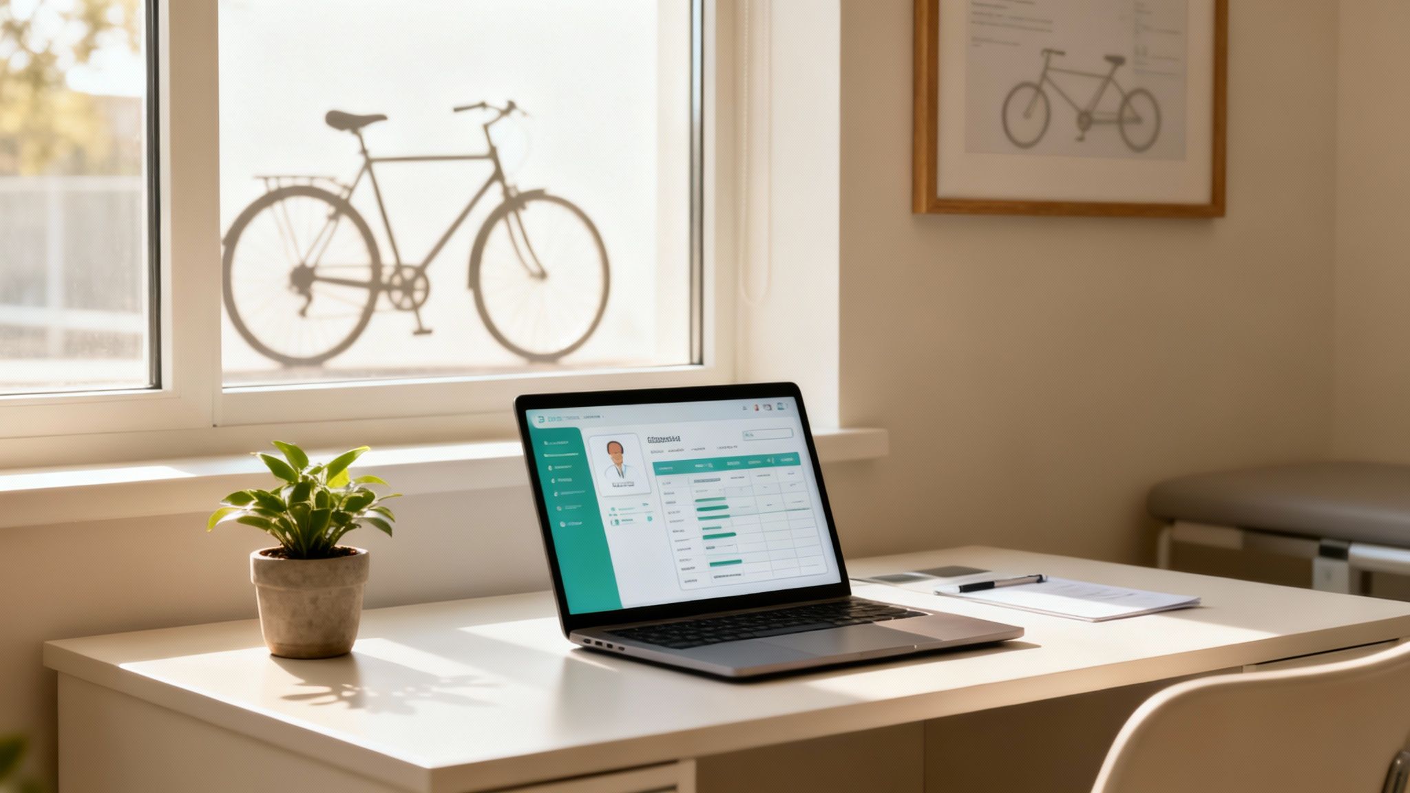 A bright room with a desk, laptop displaying healthcare software, a small plant, and a bicycle shadow.