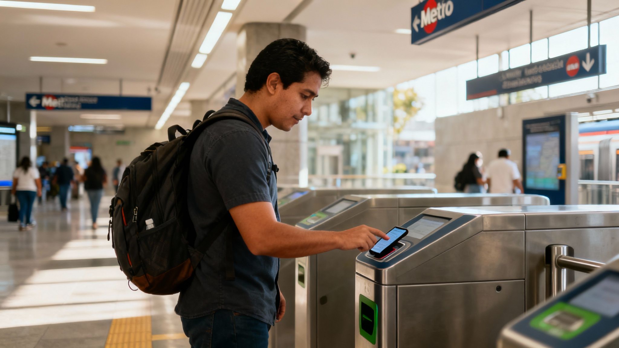 Young man using smartphone to tap contactless payment at Mexico City metro turnstile