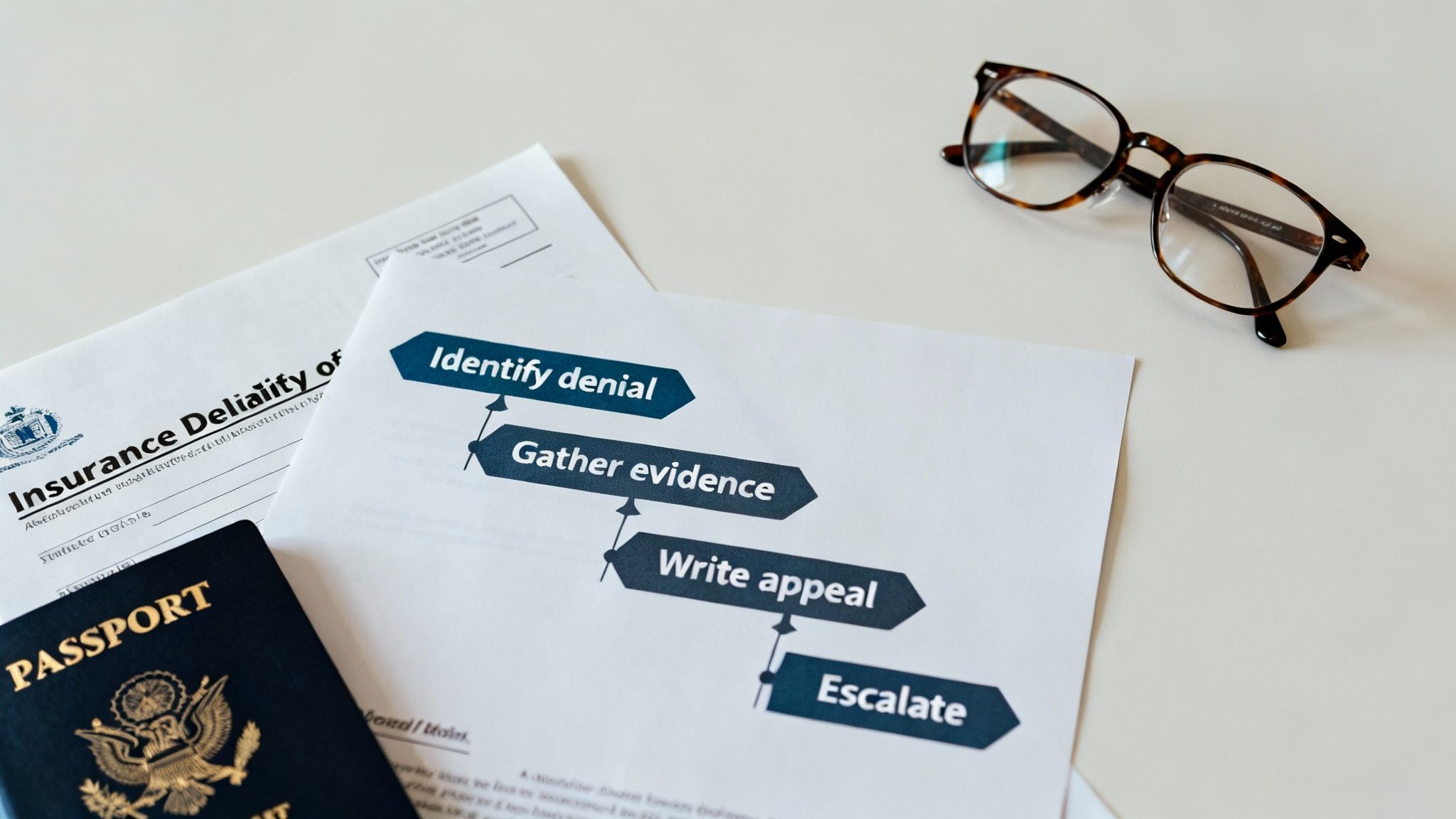 A flat lay shows insurance appeal documents, a US passport, and eyeglasses on a light desk.