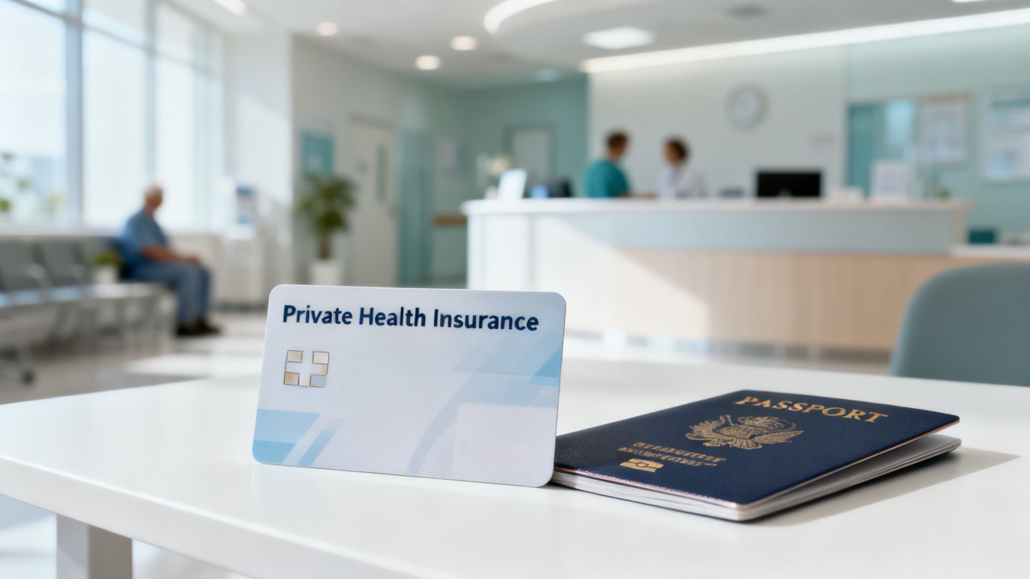 A private health insurance card and a passport on a table in a hospital waiting room.