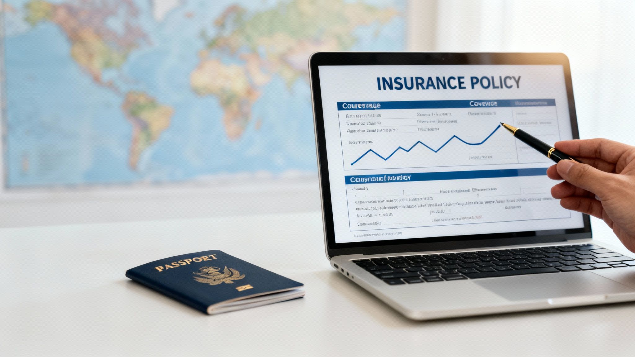 A hand points at a laptop screen displaying an insurance policy, next to a passport and world map.