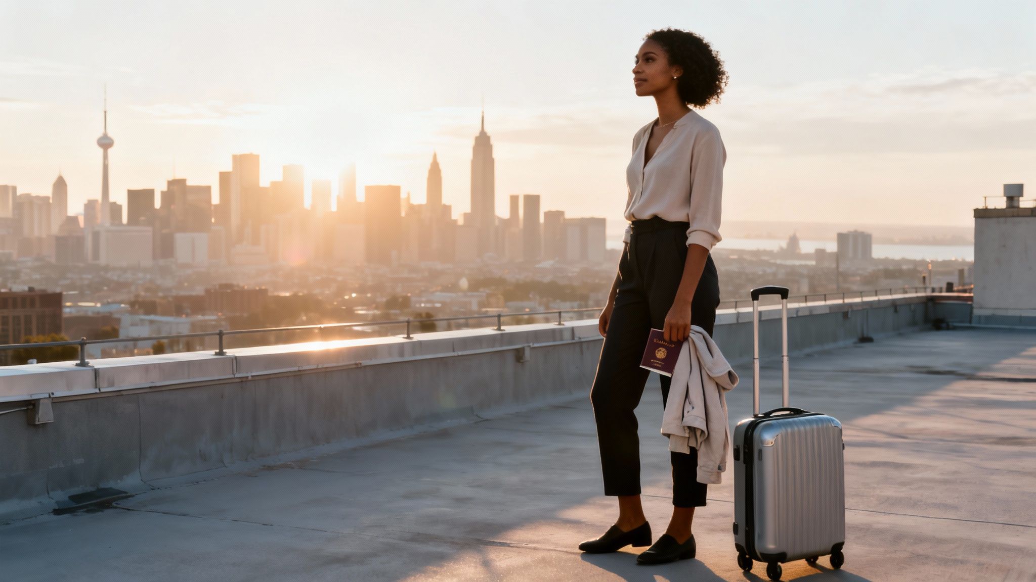 Solo female traveler with passport and suitcase on a city rooftop overlooking a sunset skyline.