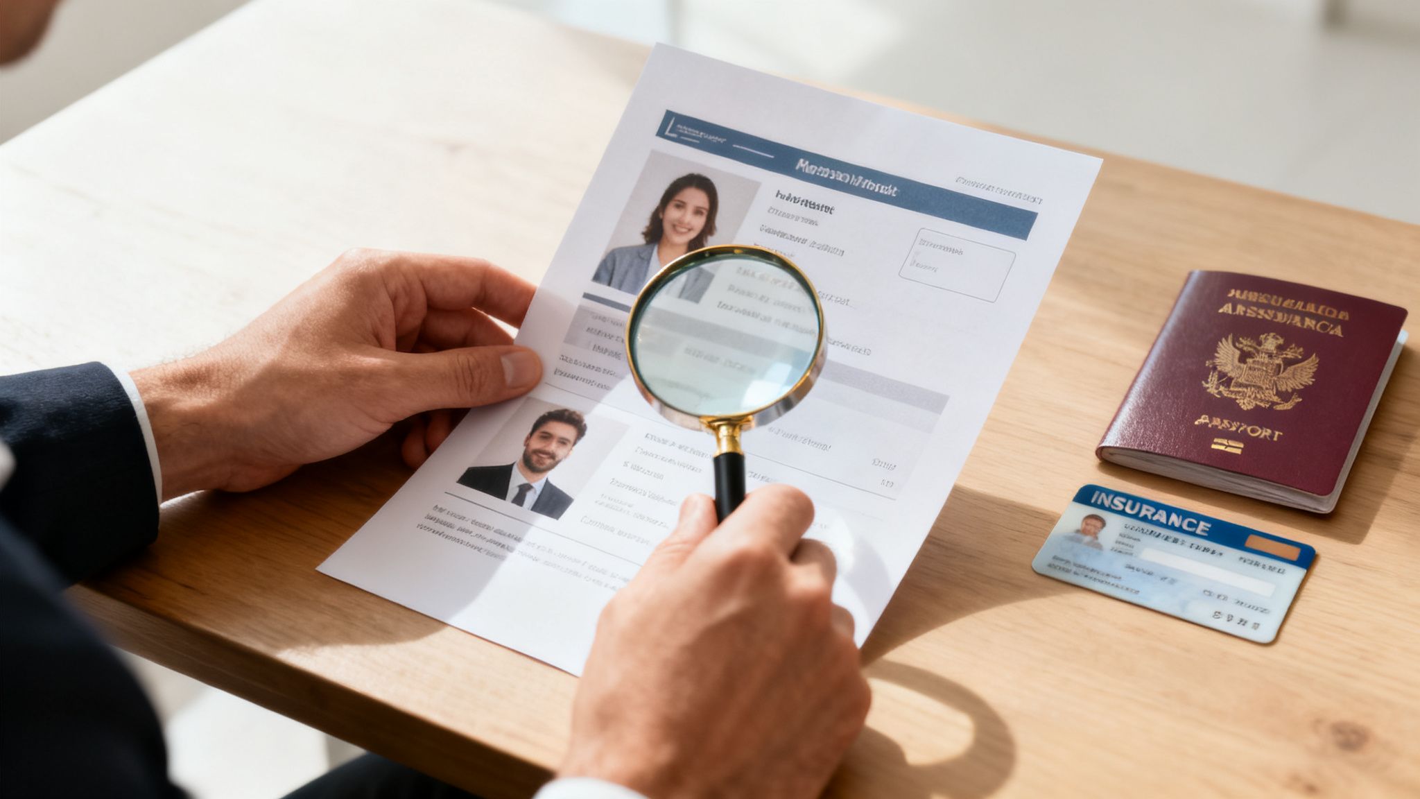 A person's hands using a magnifying glass to inspect a document, with a passport and insurance card nearby.