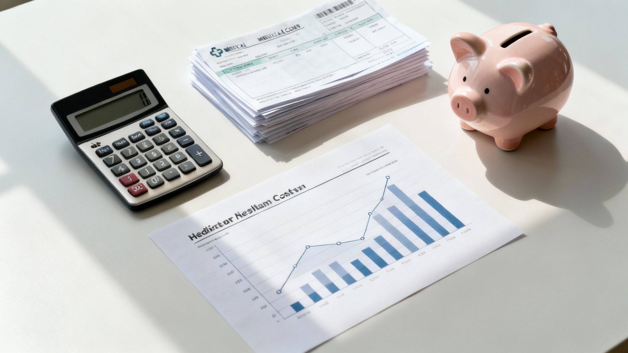 A calculator, stack of medical bills, a financial graph, and a piggy bank on a white desk, symbolizing health care costs.