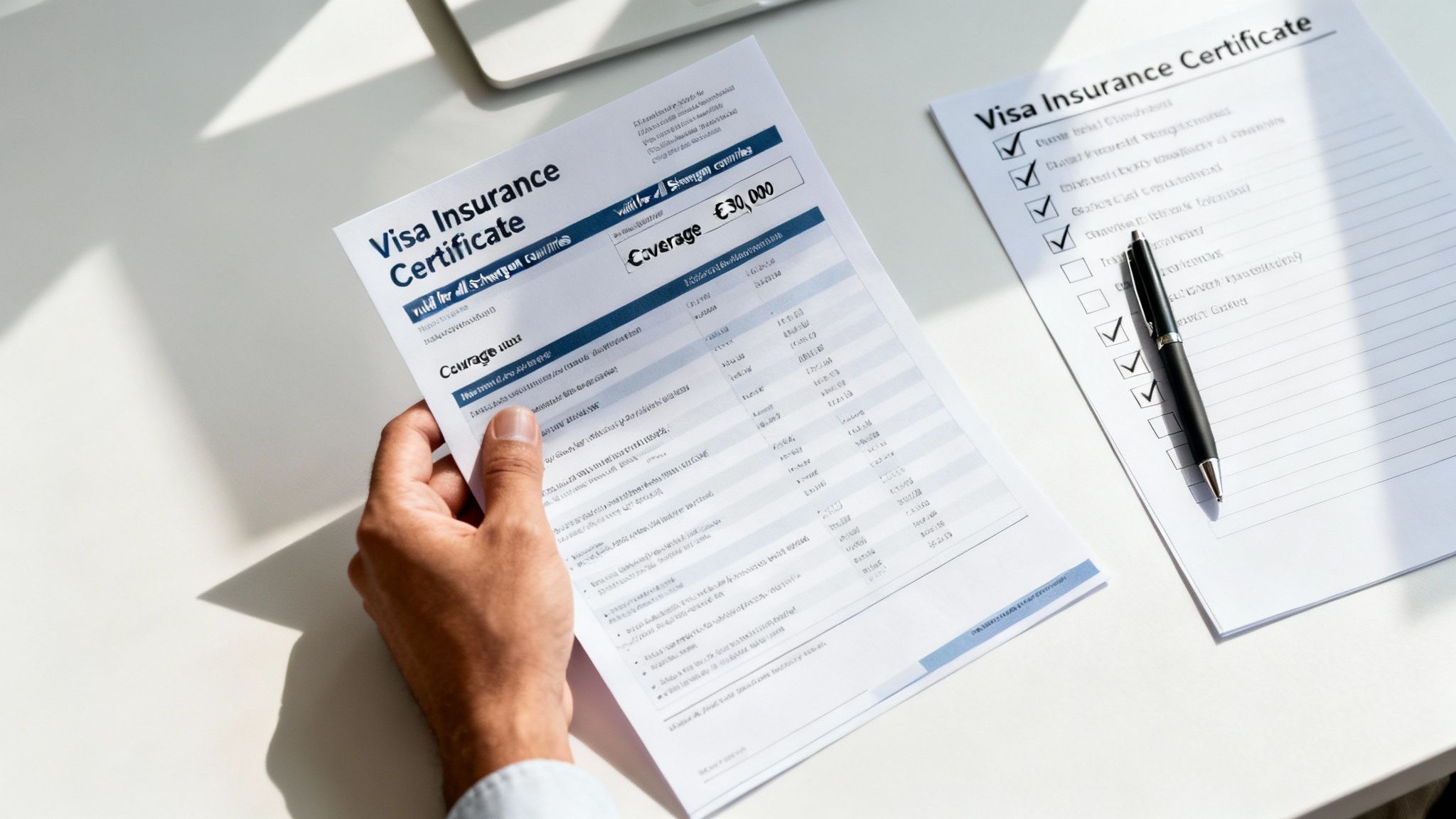 A person holds a Visa Insurance Certificate with a €30,000 coverage, near a checklist on a white desk.