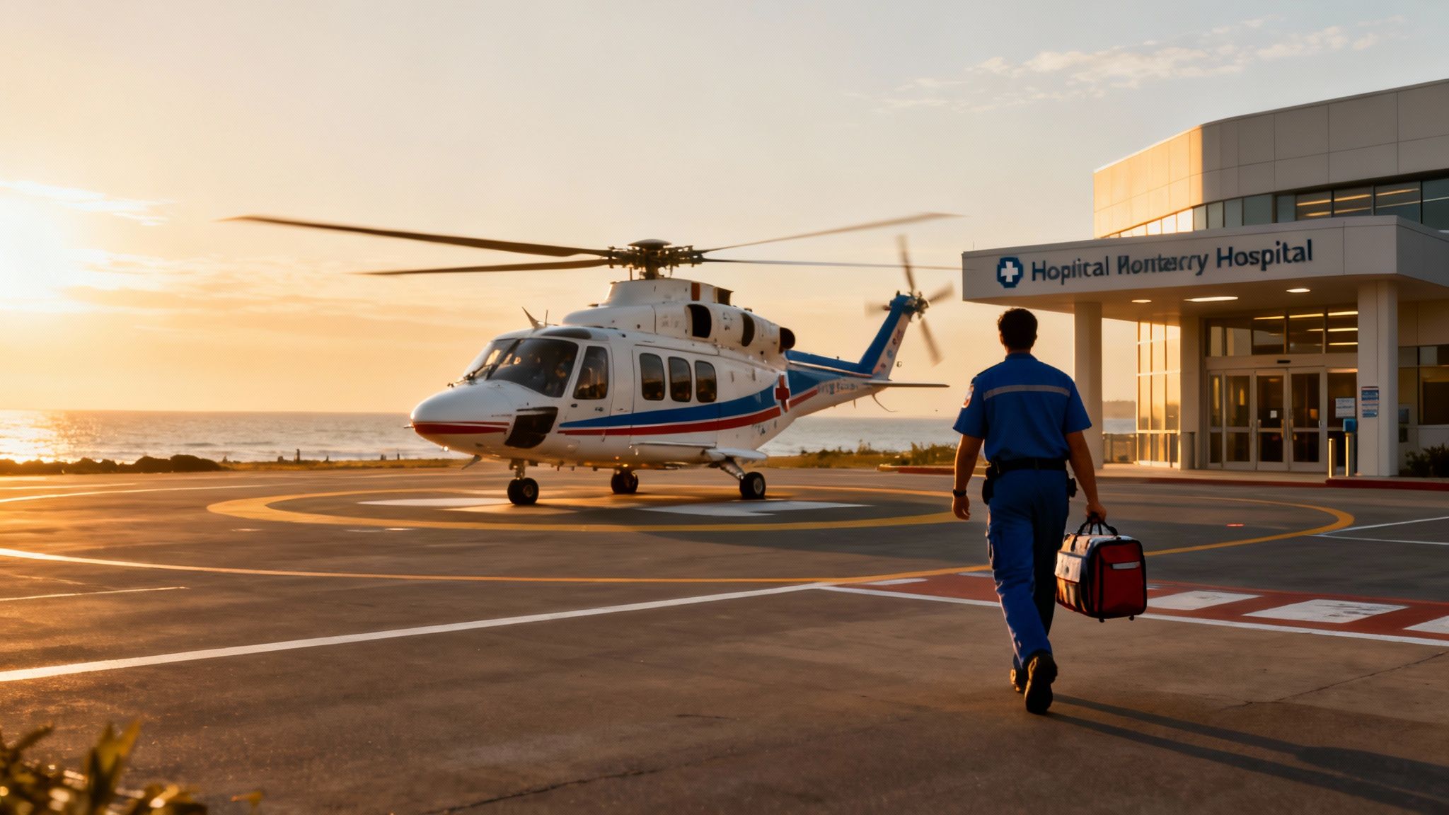 A healthcare worker walks from a medical helicopter on a helipad towards Monterrey Hospital at sunset.