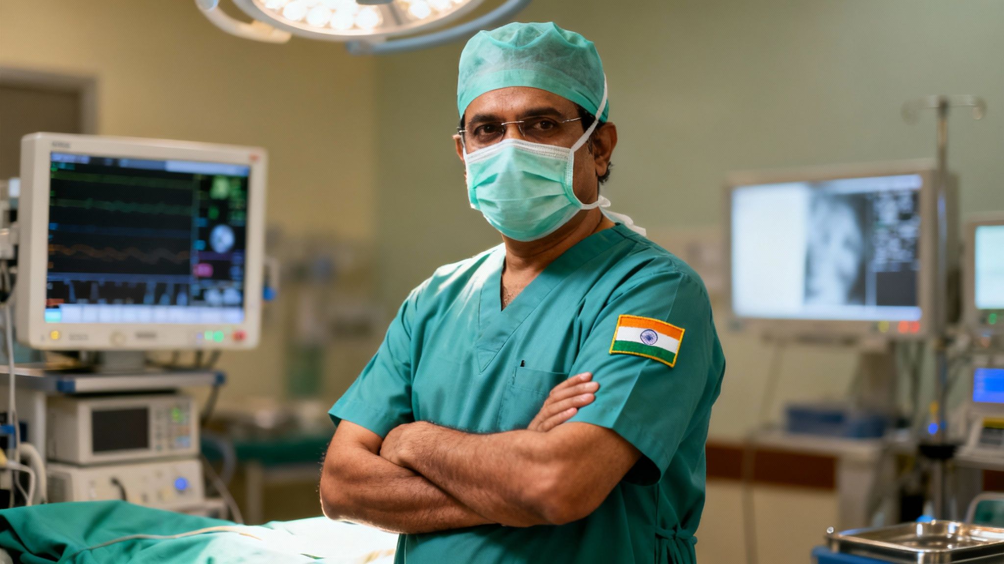 An Indian surgeon in medical scrubs, mask, and cap, standing in an operating room.
