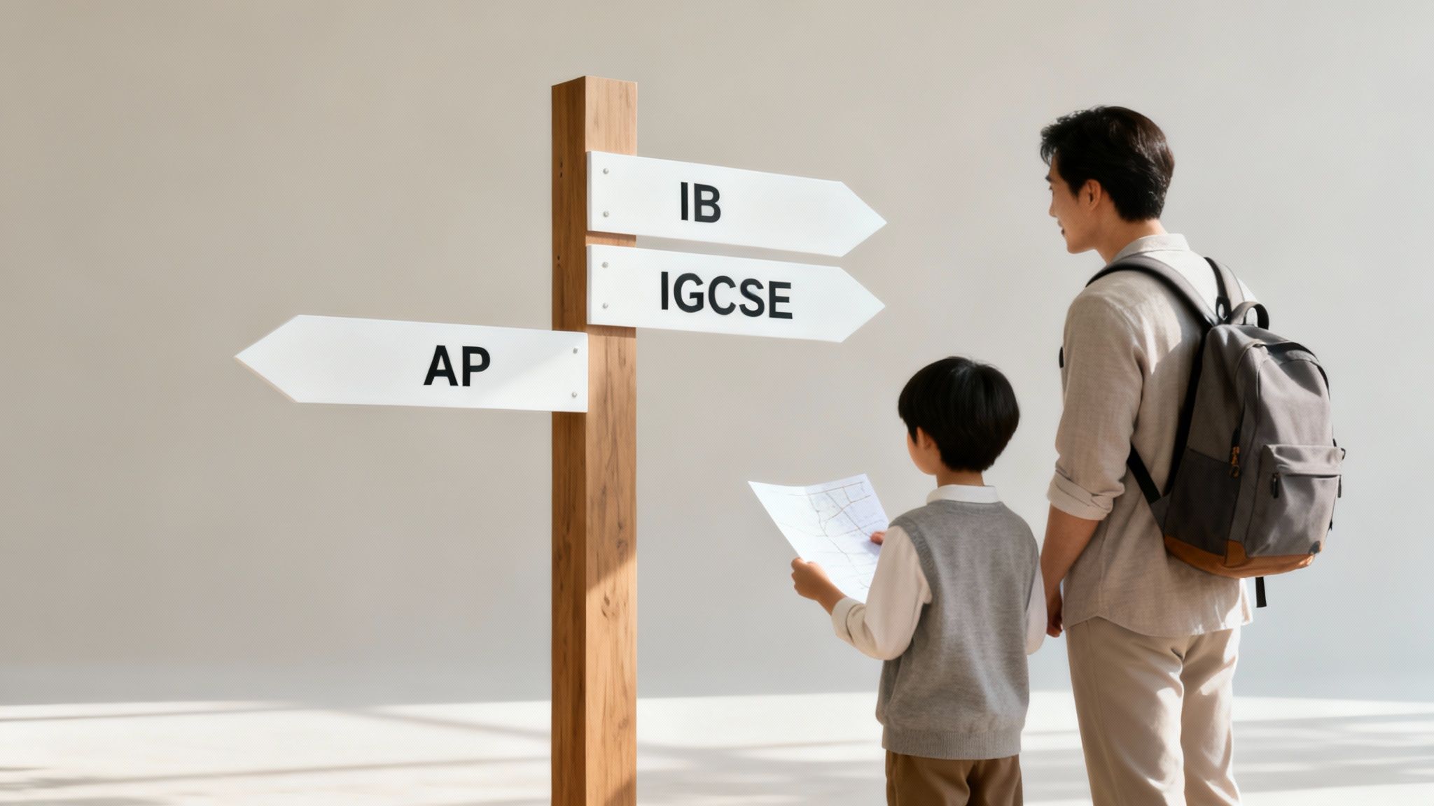 Father and son choosing between international school curriculums AP, IB, IGCSE on a signpost, holding a map.