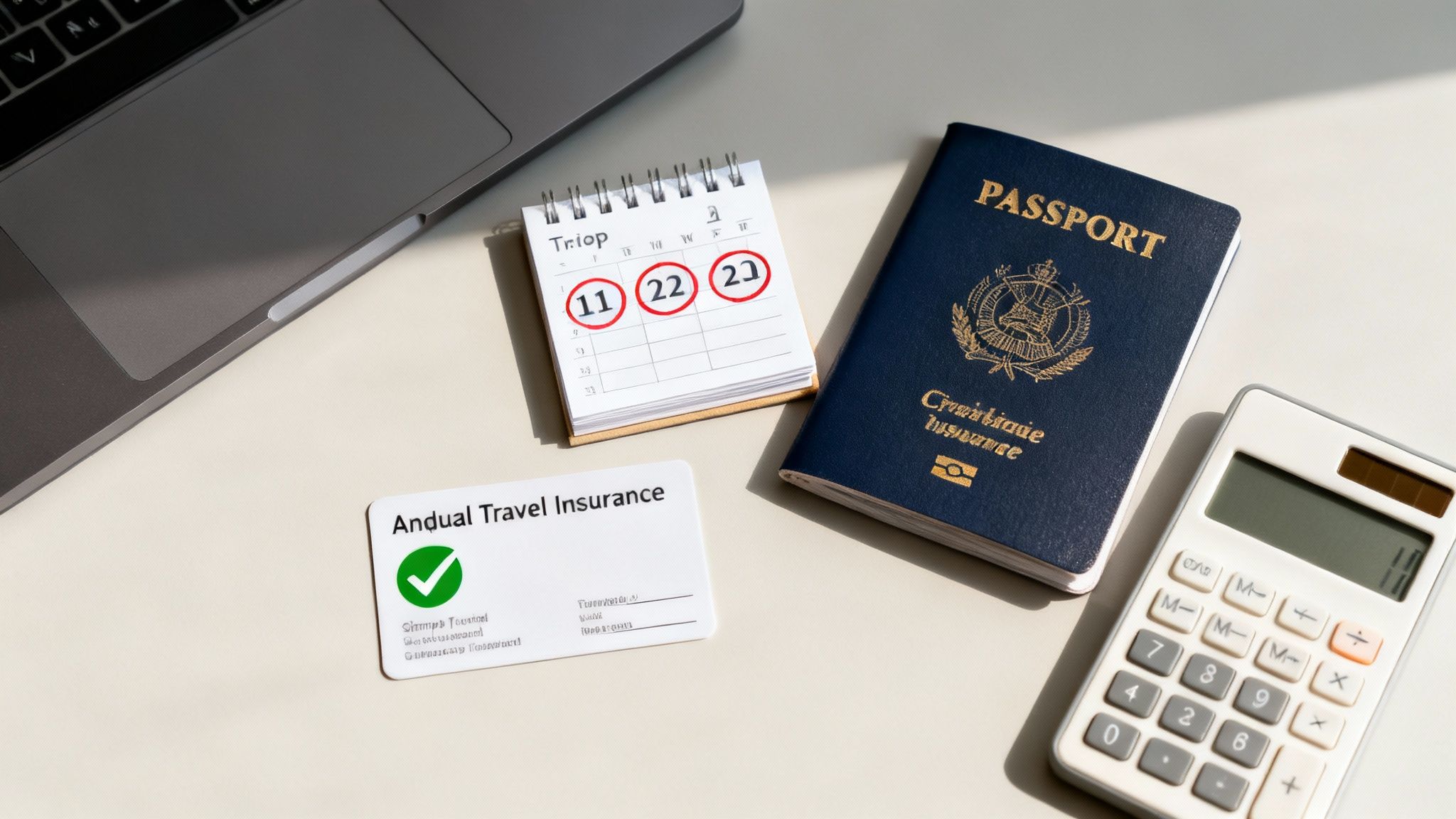Overhead view of travel planning essentials: laptop, passport, calendar with circled dates, travel insurance card, and calculator.