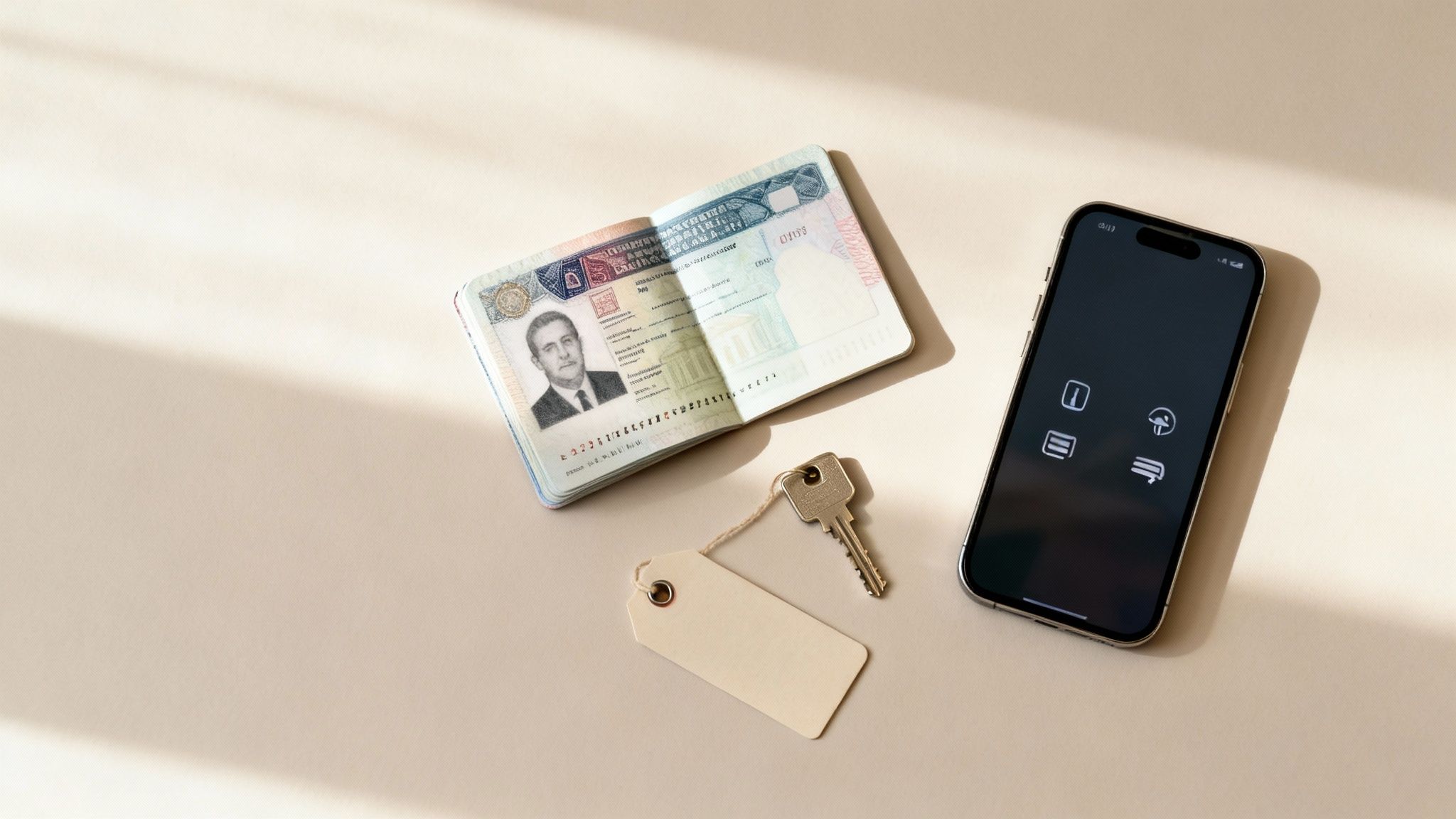 Italian driver's license, smartphone with payment icons, house keys, and blank tag on beige surface