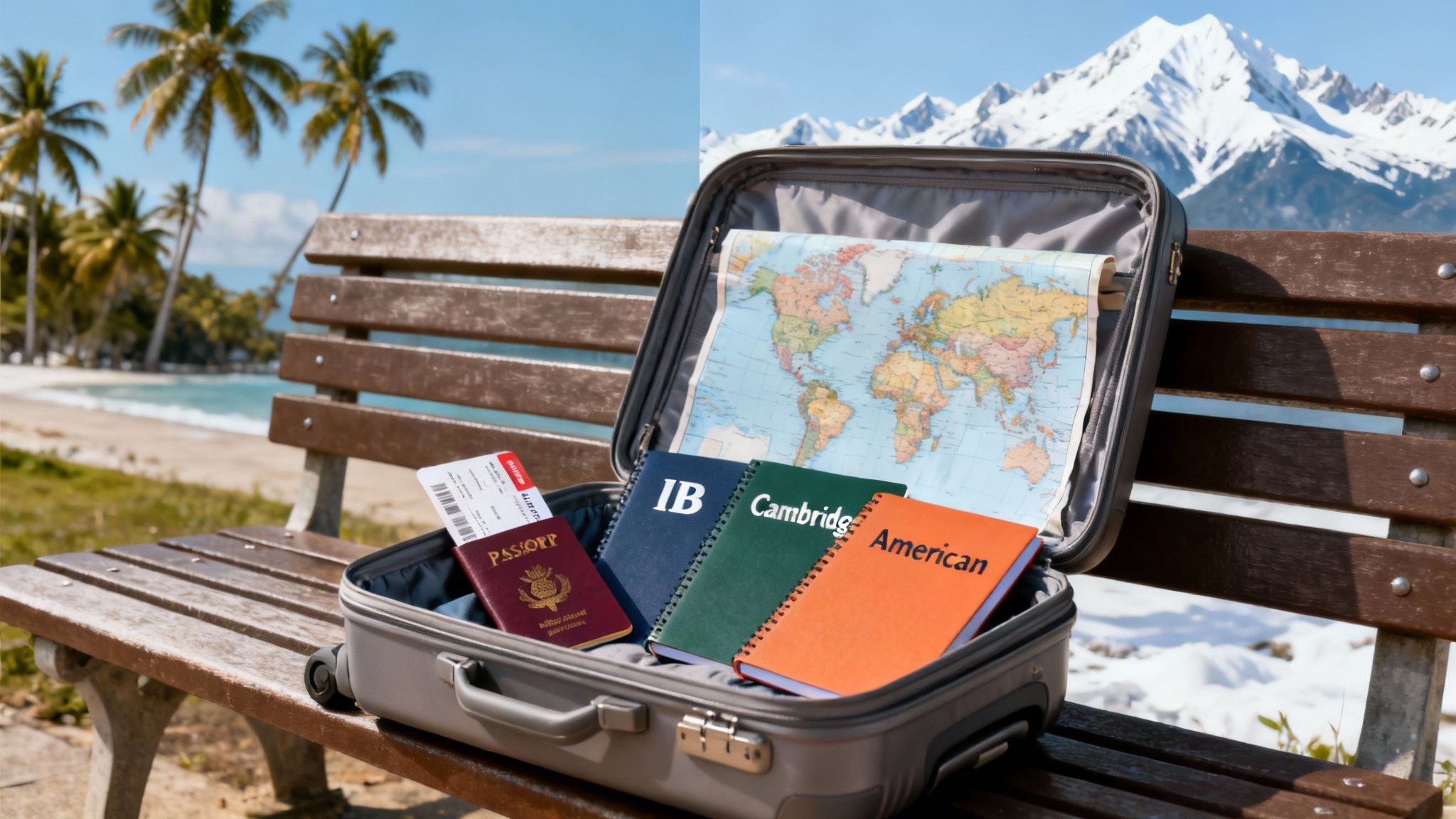 Open suitcase with a world map, passport, and IB, Cambridge, American curriculum notebooks, blending travel and education.
