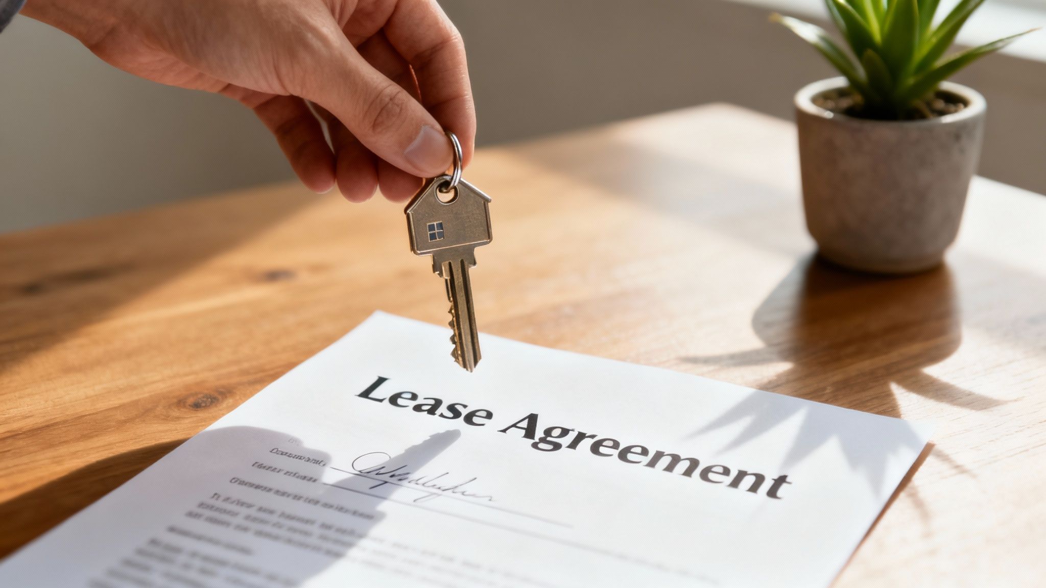A person's hand holds a house-shaped key above a signed lease agreement document on a wooden table.