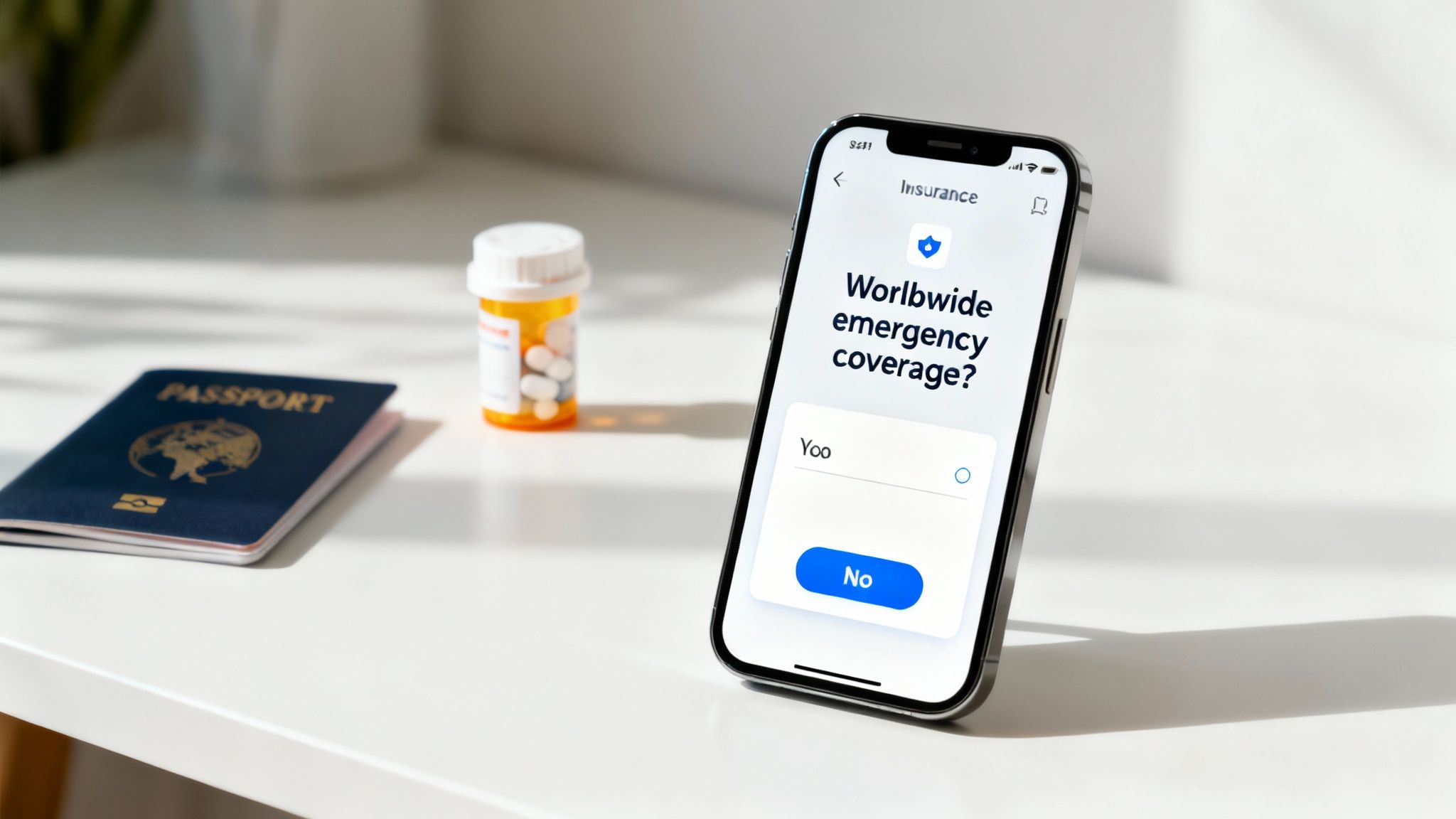 A person carefully reviewing an insurance document with a magnifying glass, with travel items like a passport and globe in the background.