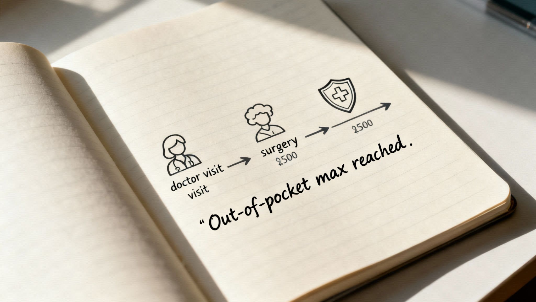 A notebook displays a hand-drawn timeline illustrating medical expenses, doctor visit, surgery, and out-of-pocket maximum.