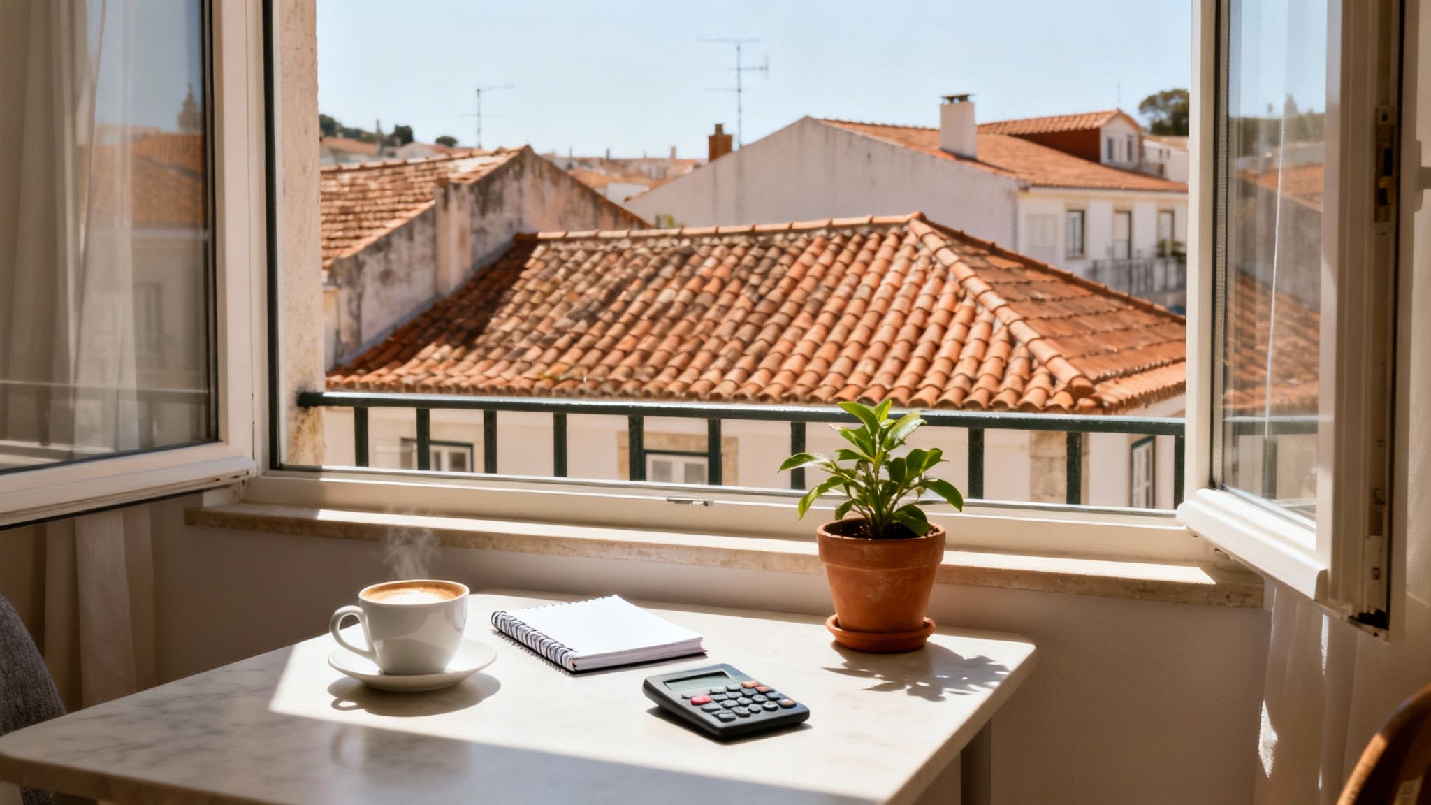 A sunlit table with coffee, notebook, calculator, and plant on a balcony overlooking traditional European rooftops.