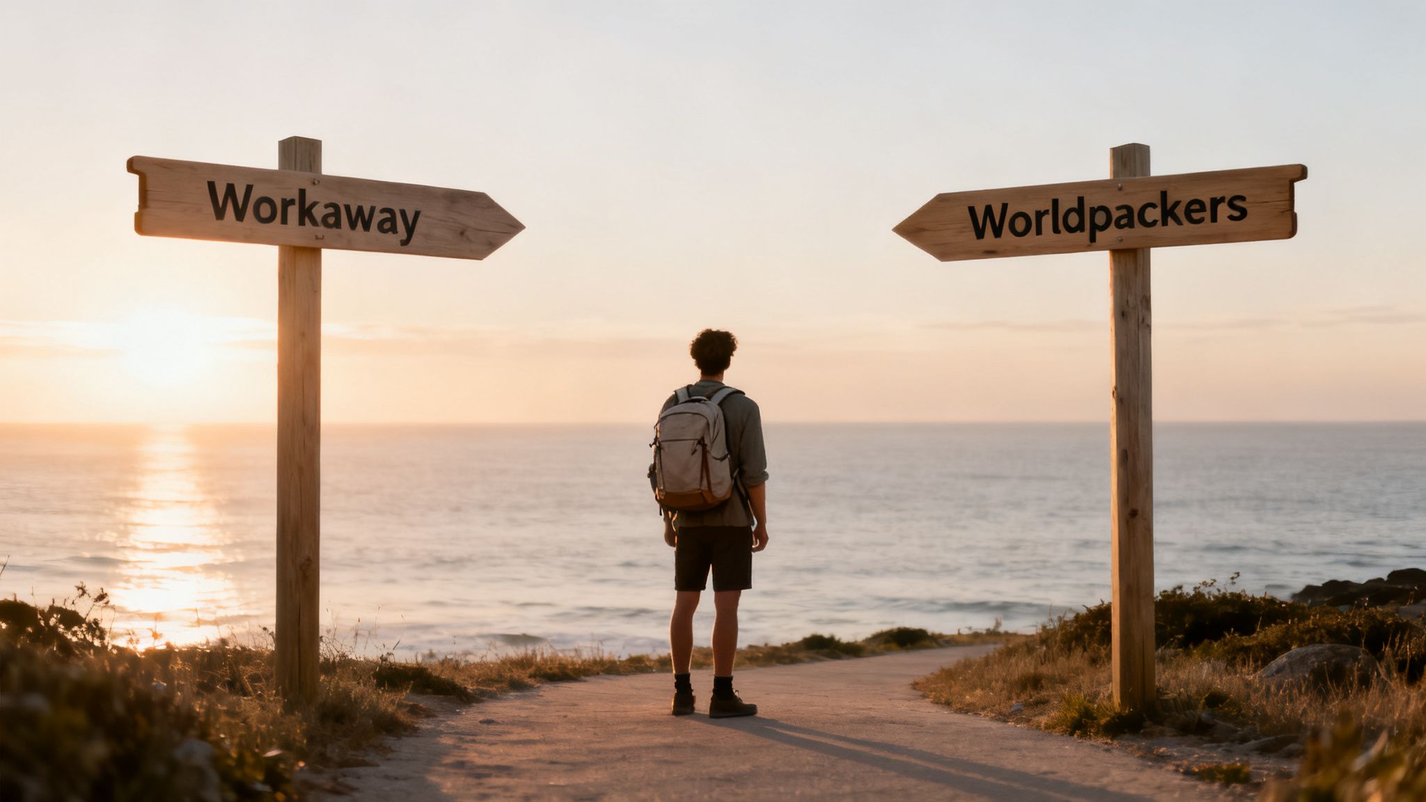 A backpacker stands at a crossroads, choosing between Workaway and Worldpackers signs by the ocean at sunset.