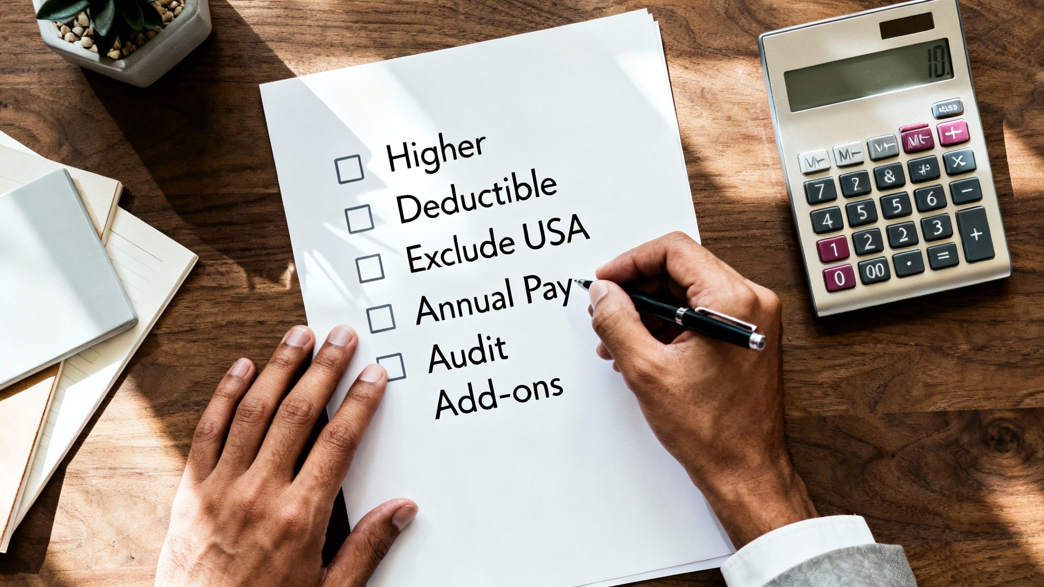 Person checks options on a financial checklist with a calculator nearby on a wooden desk.