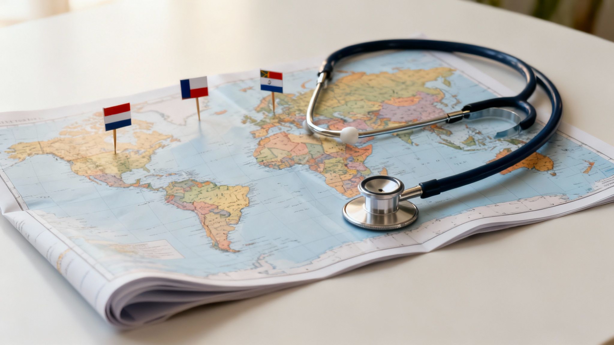 A world map with flags pinned on it and a blue stethoscope, symbolizing global health travel.