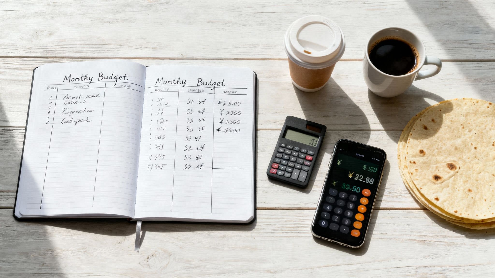 Monthly budget notebook with calculator, smartphone, coffee cups and flatbread on white wooden table
